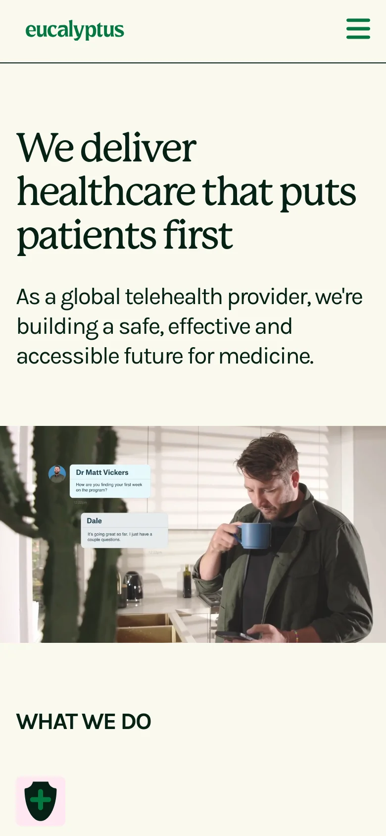 The mobile version uses a simplified layout with a hamburger menu icon in the top right and the Eucalyptus logo on the left. The hero text is stacked vertically, making the headline 'We deliver healthcare that puts patients first' the central focus above the subheadline. The large lifestyle image and chat overlay are scaled down to fit the narrow portrait screen width.