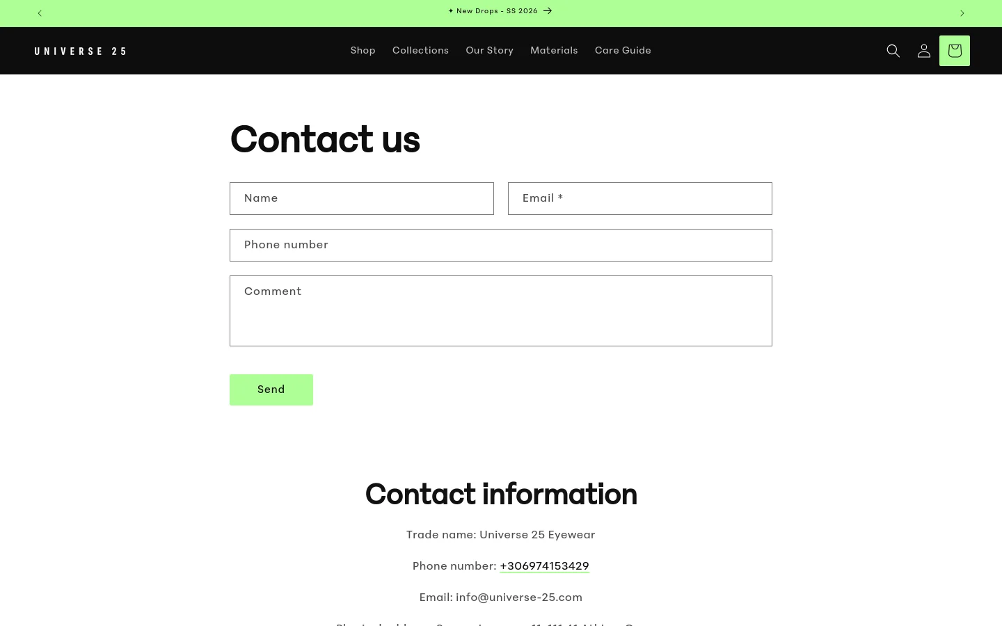 The desktop Contact Us page features a minimalist design with a black header containing the brand name and navigation links. A large 'Contact us' headline sits above a contact form with fields for Name, Email, Phone number, and Comment, followed by a light green 'Send' button. Below the form, 'Contact information' is listed in plain text against a white background.
