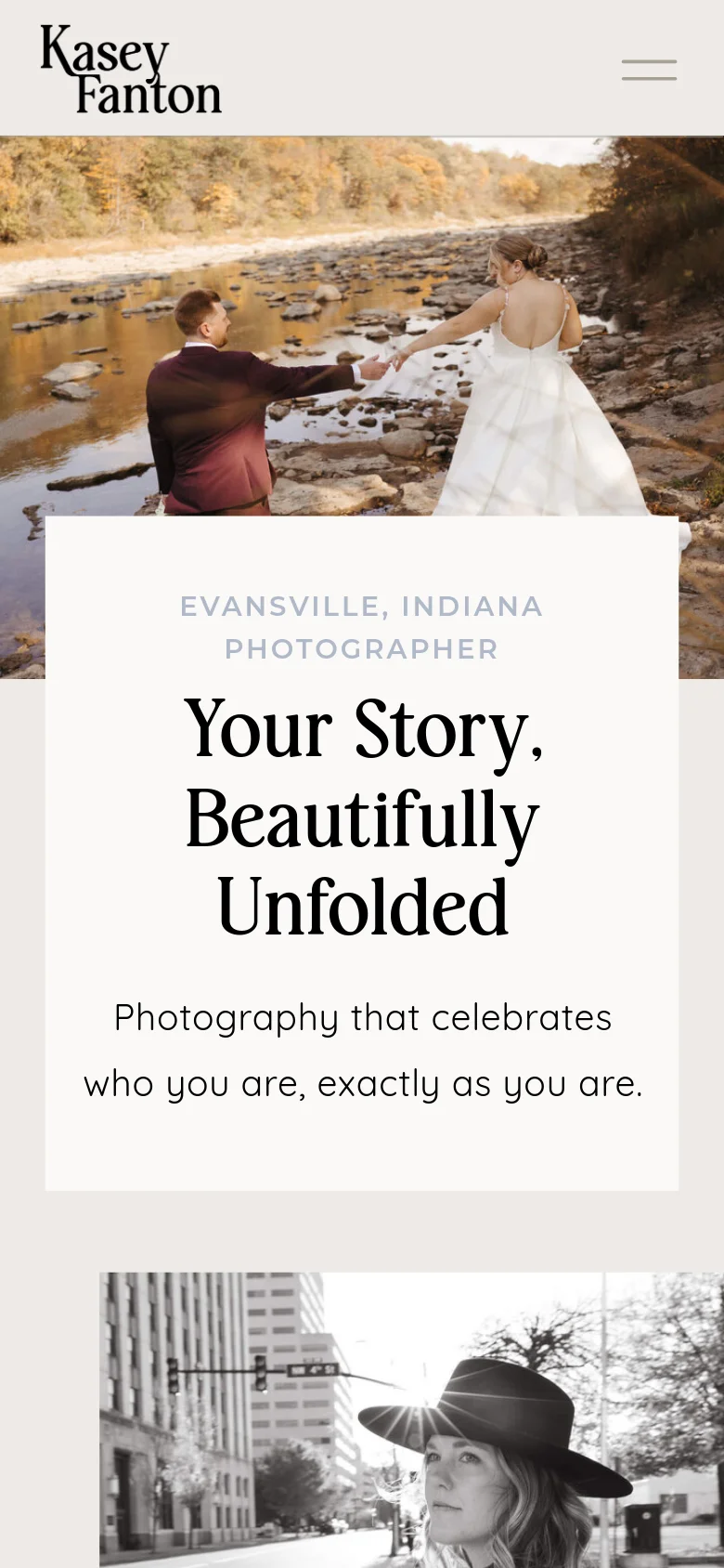 The mobile version presents a vertical layout with a single large hero image of a couple by a river. The white text box is centered below the image, containing the main headline and subtext. The navigation is condensed into a hamburger menu icon in the top right corner.