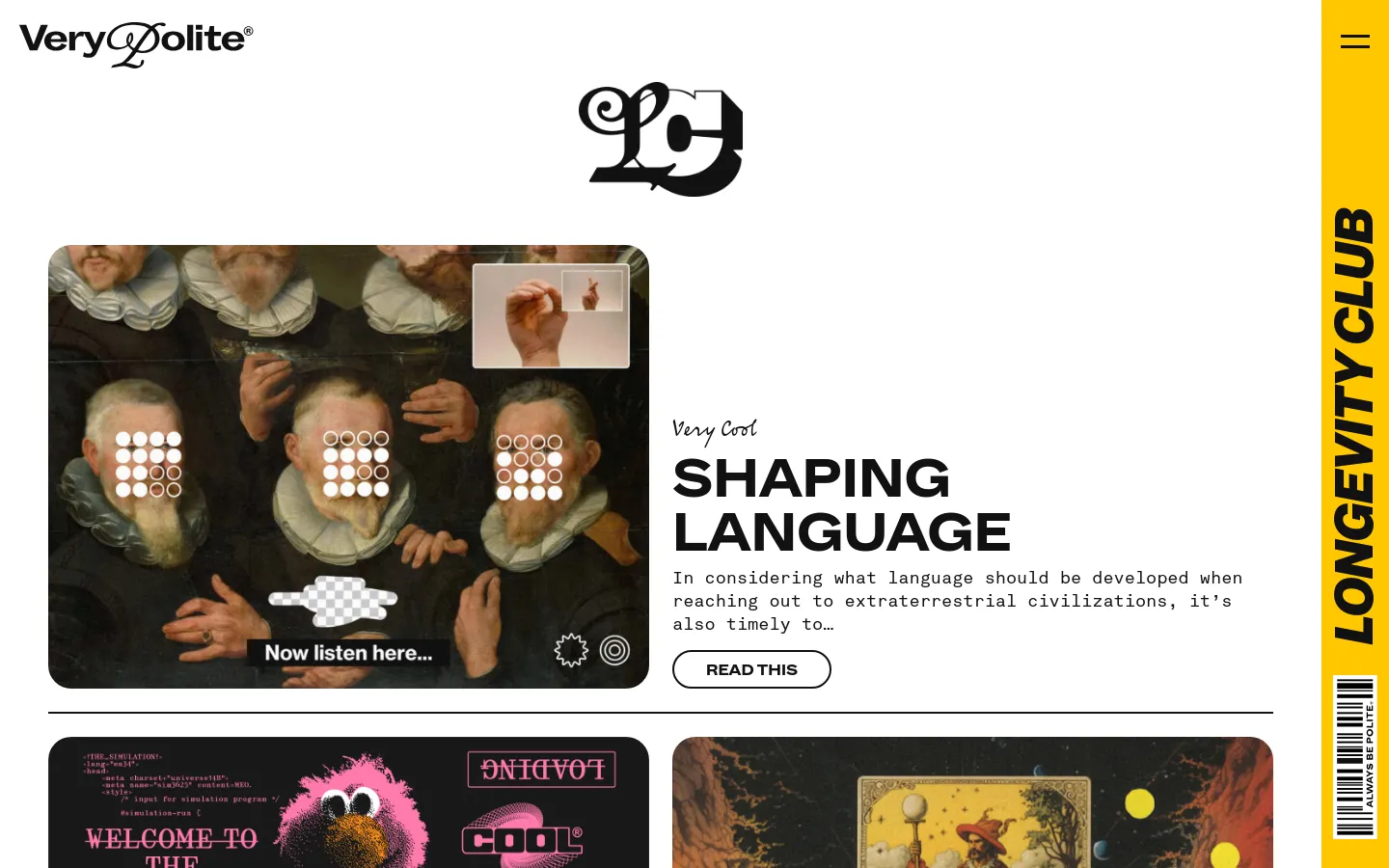 The Longevity Club blog page features a minimalist white background with a large black monogram at the top. A featured article shows a classical painting with digital overlays and the headline 'SHAPING LANGUAGE' in bold black text, accompanied by a 'READ THIS' button and a vertical yellow sidebar on the right.