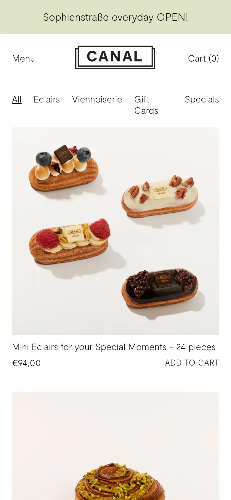 The mobile version features a centered Canal logo and a simplified navigation menu with a hamburger icon. The product grid transitions to a single-column layout, displaying large, clear images of pastries like mini eclairs and pistachio croissants, each accompanied by its price and a call-to-action button.