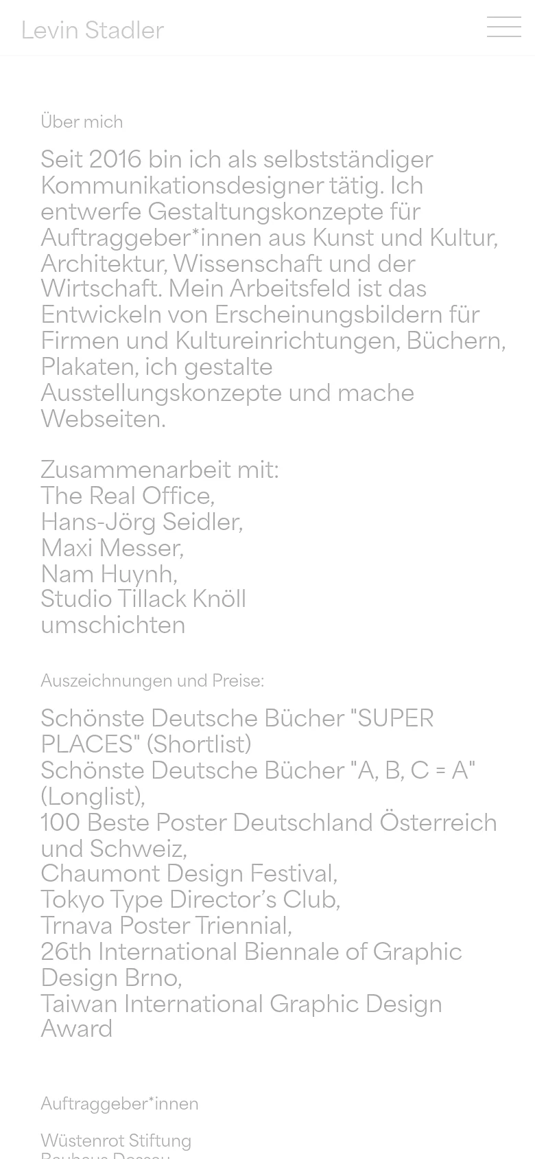 The mobile version presents a single-column vertical layout optimized for scrolling. The text is larger and spans the full width of the screen, focusing on the 'Über mich' section and lists of awards and clients. The navigation elements are simplified, and the header features a hamburger menu icon on the right.