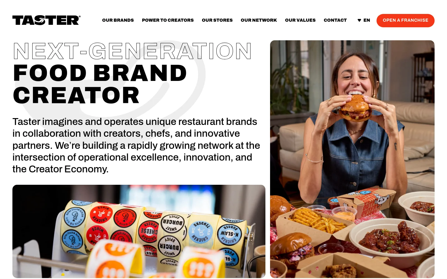 The desktop homepage features a clean white background with a navigation bar containing links like 'OUR BRANDS' and a red 'OPEN A FRANCHISE' button. The hero section displays the large headline 'NEXT-GENERATION FOOD BRAND CREATOR' next to a photo of a woman eating a burger, with a secondary image of colorful food stickers below the text.
