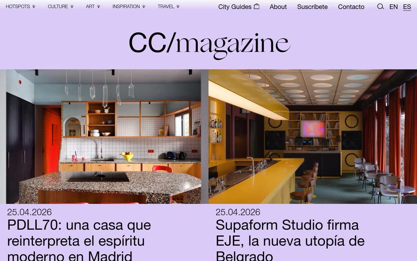 The desktop homepage features a minimalist lavender header with the large black logo 'CC/magazine' and a navigation menu including Hotspots, Culture, Art, Inspiration, and Travel. Below, a large hero section displays a split-screen image of a modern interior with warm wood cabinetry, a granite countertop, and yellow accents. The layout is clean with ample white space and large, bold typography for article headlines.