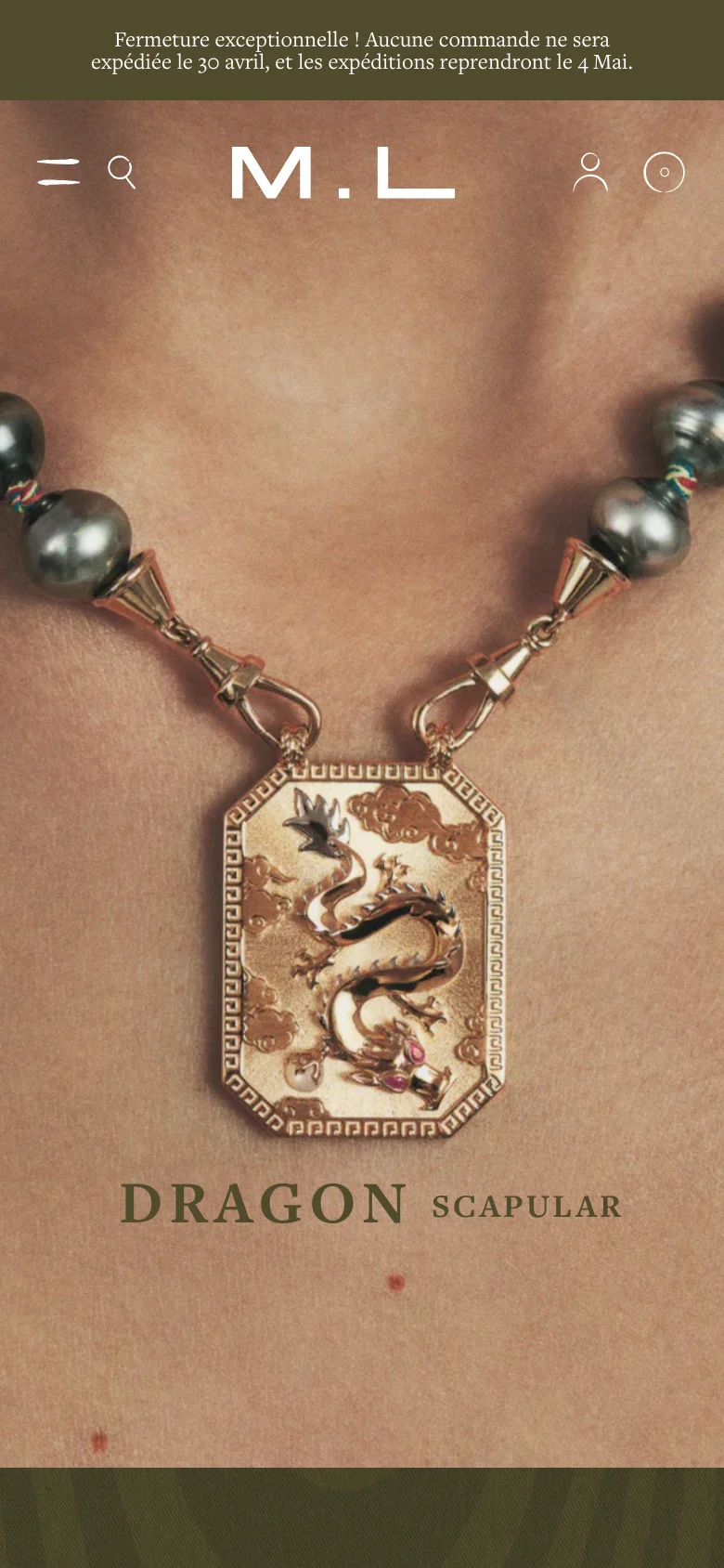 The mobile version displays a vertically oriented hero image of the dragon scapular necklace, filling most of the screen. The header is simplified with a hamburger menu, search icon, brand initials 'M.L', a user profile icon, and a shopping bag icon. The content is stacked vertically for easier scrolling on a smaller screen.