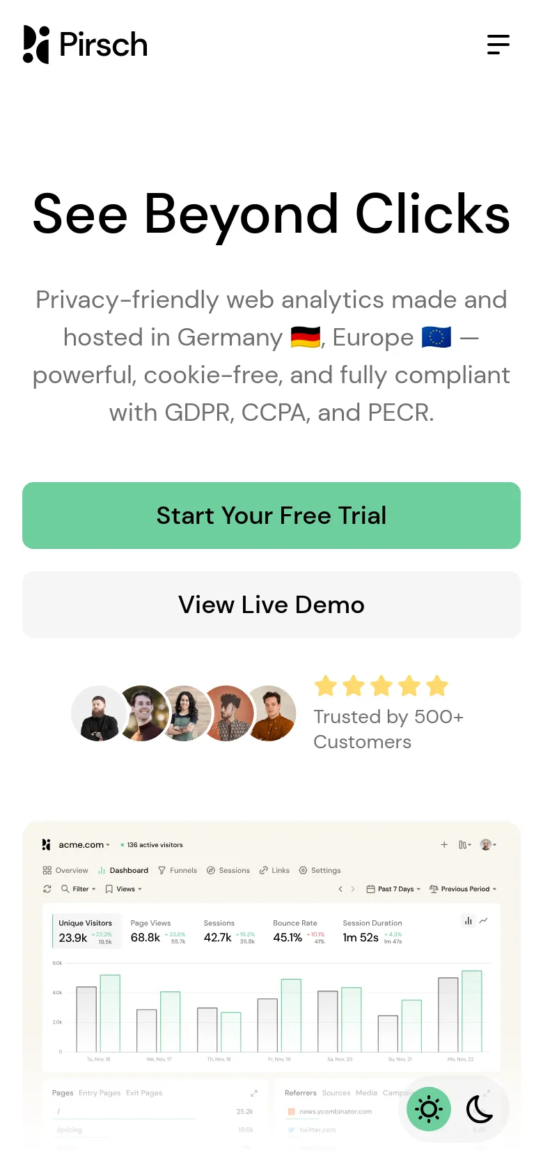 The mobile version uses a single-column layout with the 'See Beyond Clicks' headline and subheadline centered at the top. The primary call-to-action buttons are stacked vertically, followed by the customer trust section and a simplified view of the analytics dashboard interface.