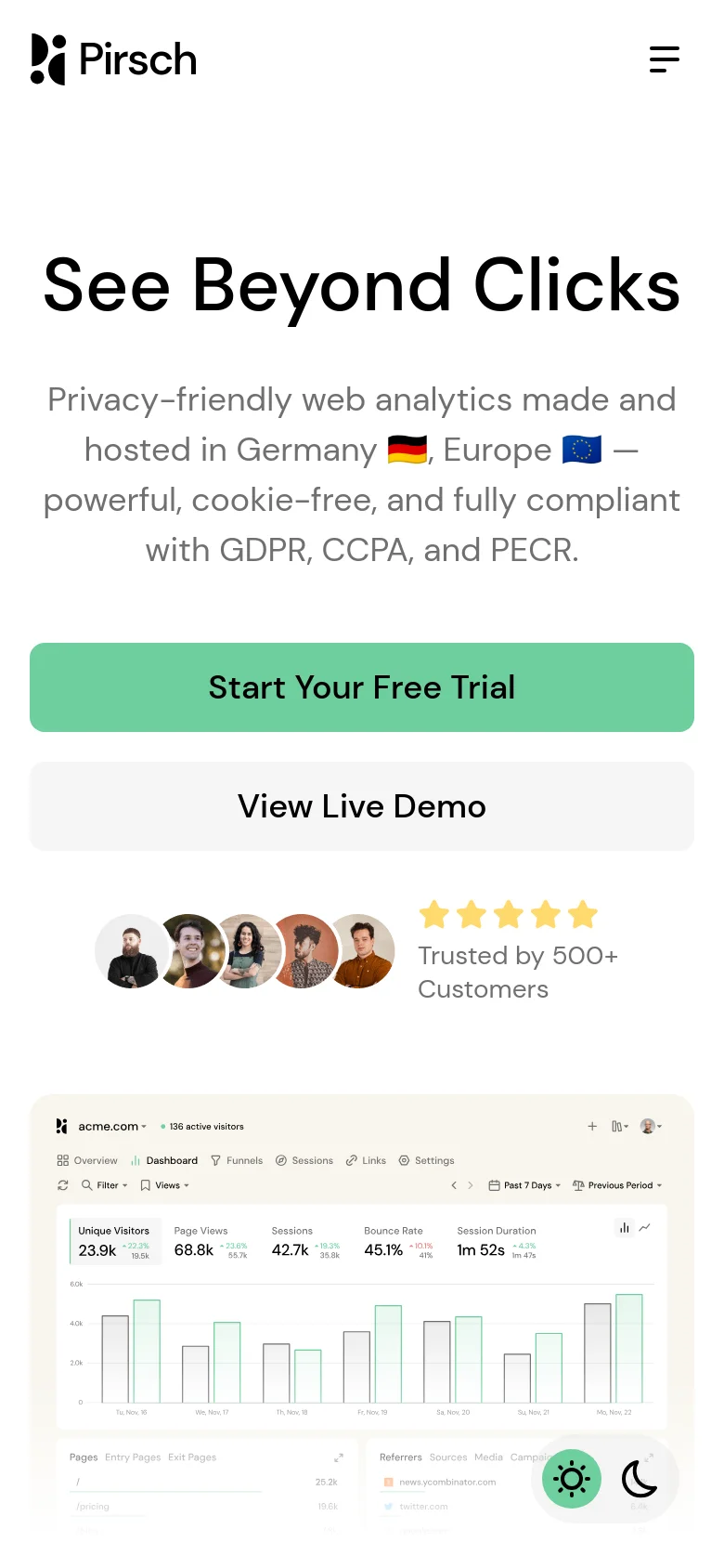 The mobile version uses a single-column layout with the 'See Beyond Clicks' headline and subheadline centered at the top. The primary call-to-action buttons are stacked vertically, followed by the customer trust section and a simplified view of the analytics dashboard interface.
