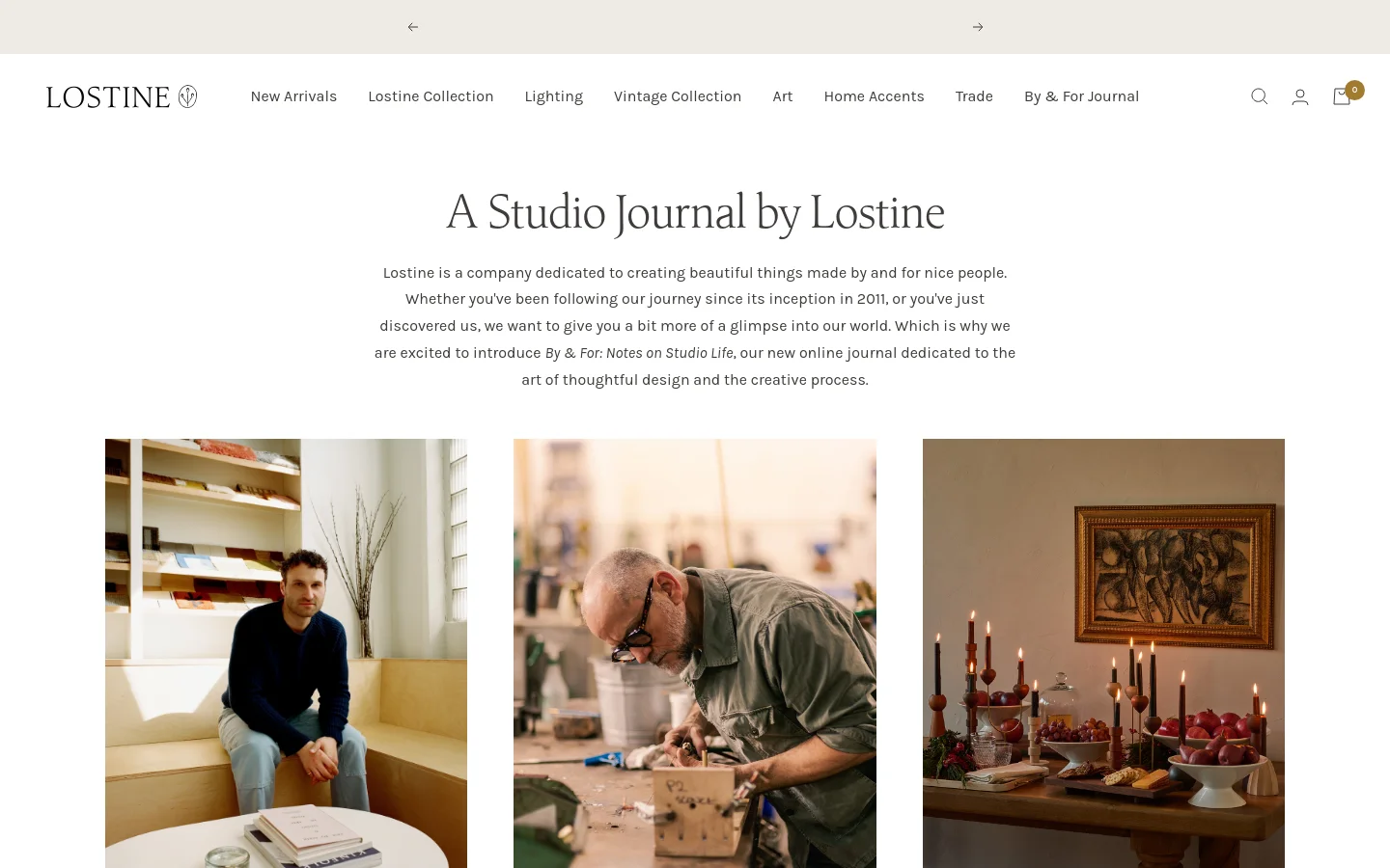 The desktop view shows a minimalist journal landing page with a white background and serif typography. A large centered headline 'A Studio Journal by Lostine' is followed by an introductory paragraph, below which three large vertical editorial images are arranged in a horizontal row.