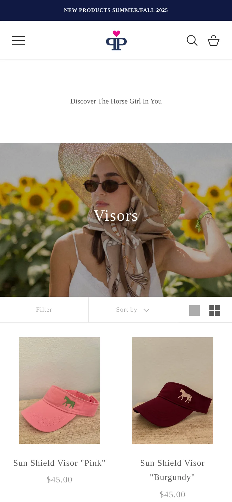 The mobile version maintains the sunflower hero image and 'Visors' heading but uses a simplified vertical layout. The product grid shifts to a single-column view, showing the pink and burgundy Sun Shield Visors stacked vertically with their respective prices.
