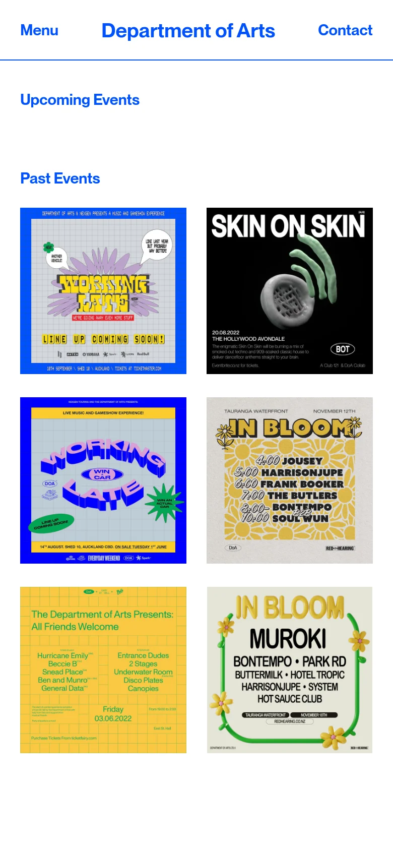 The mobile version maintains the white and blue color scheme but uses a simplified vertical layout. The navigation links are stacked at the top, and the event posters in the 'Past Events' section are arranged in a single-column vertical list for easier scrolling on small screens.