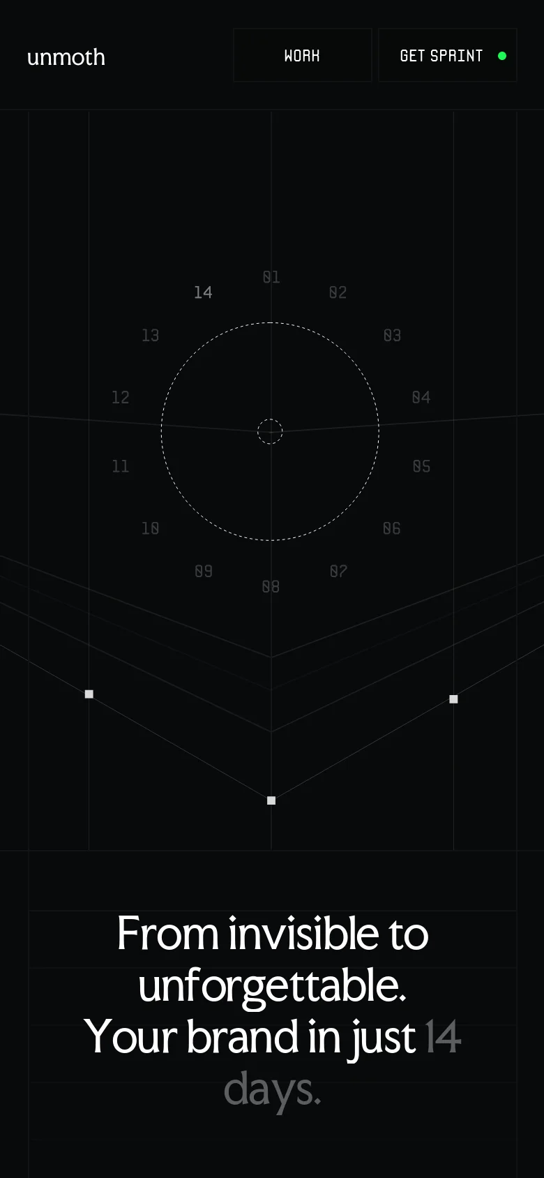 The mobile version maintains the dark aesthetic and minimalist layout, but the hero text and geometric diagram are vertically stacked to fit the narrow screen. The headline is centered and broken into multiple lines, while the navigation buttons are scaled for easier touch interaction.