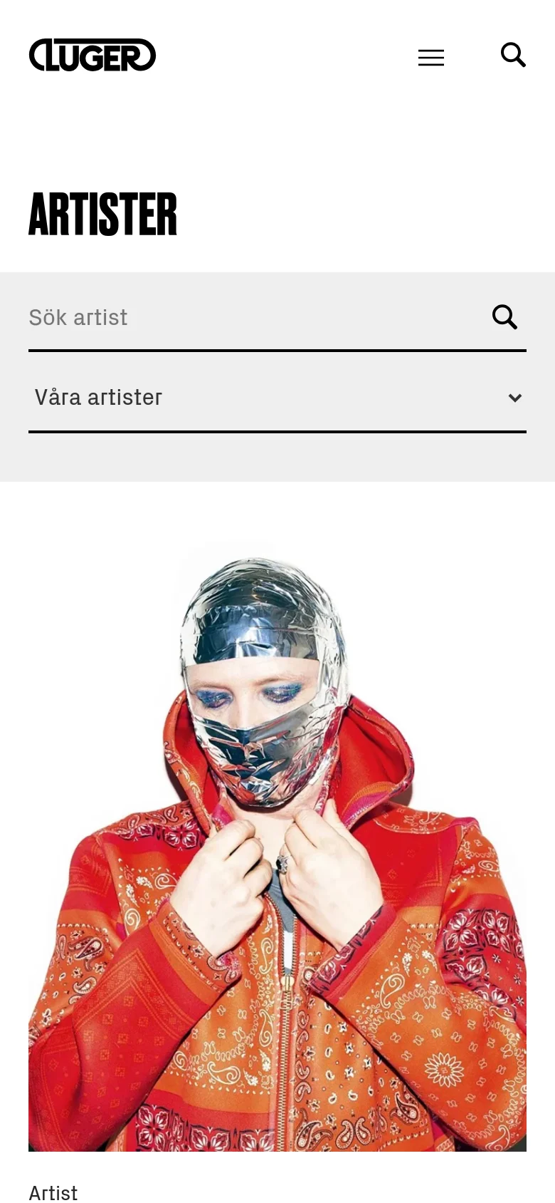 The mobile version maintains the same minimalist aesthetic and white background but uses a single-column layout for the artist portraits. The navigation is condensed into a hamburger menu and a search icon, while the search bar and dropdown filter span the full width of the screen.