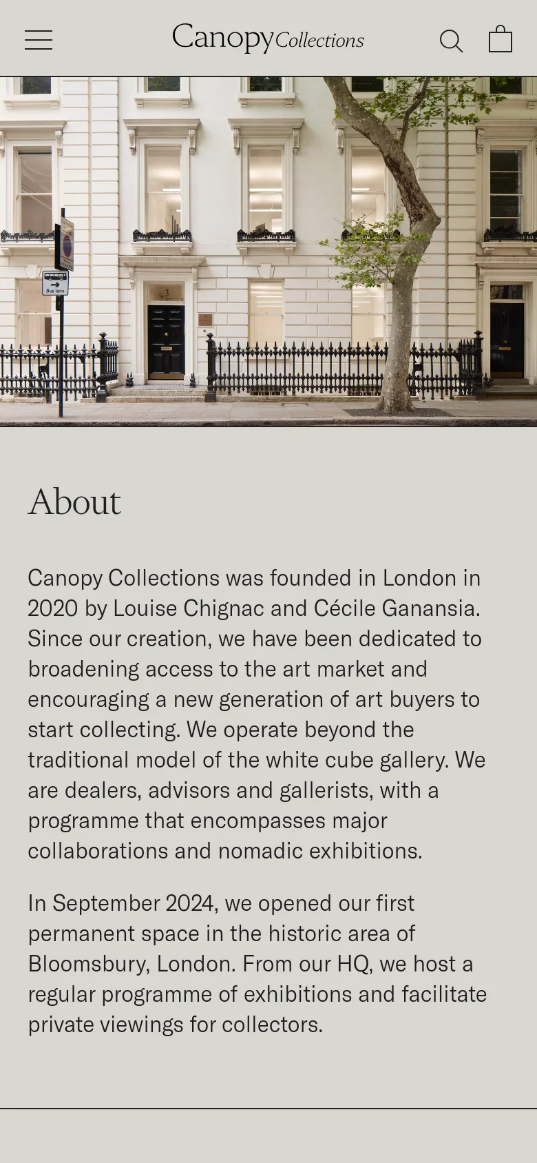 The mobile version simplifies the layout, replacing the top navigation bar with a hamburger menu icon on the left and search and cart icons on the right. The hero image of the white building remains at the top, followed by the 'About' heading and several paragraphs of text that span the width of the screen.