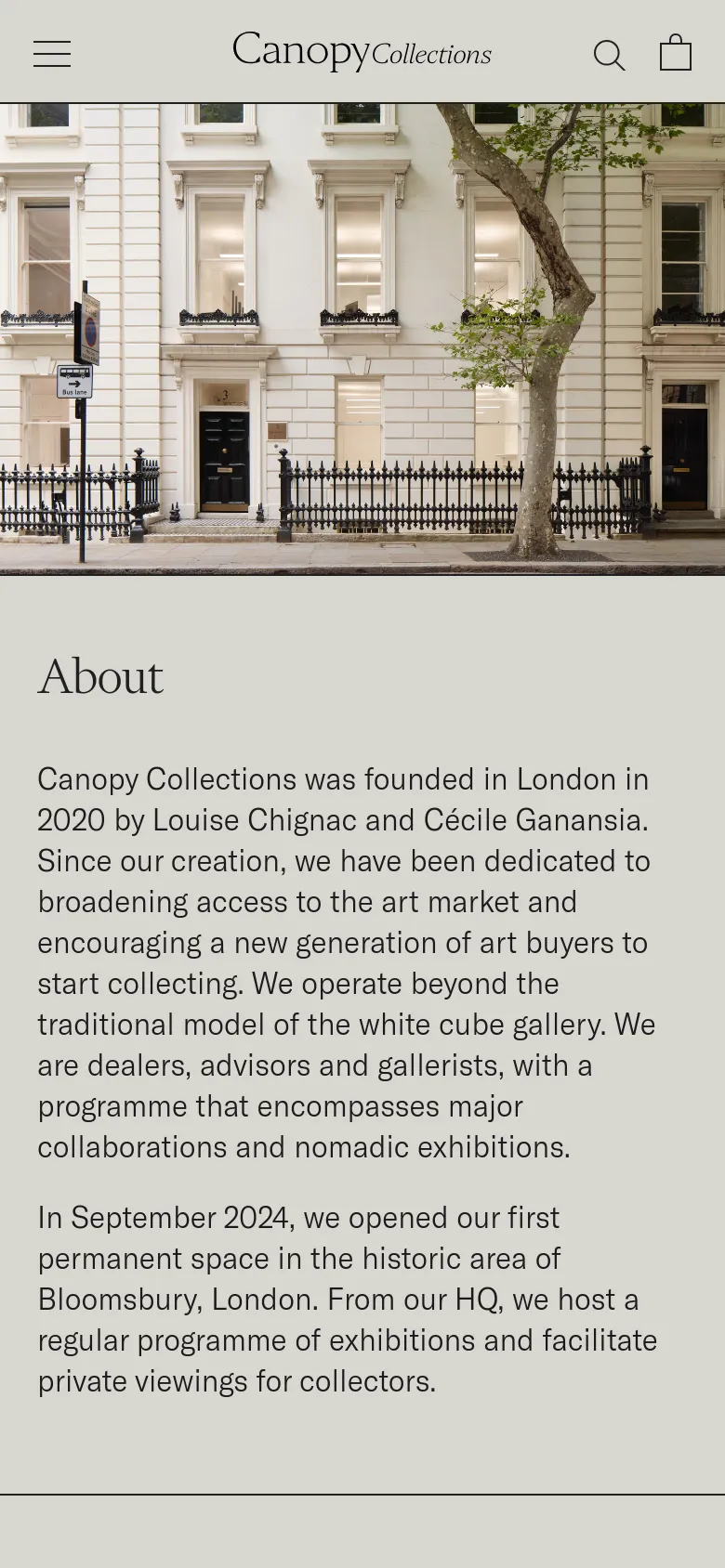 The mobile version simplifies the layout, replacing the top navigation bar with a hamburger menu icon on the left and search and cart icons on the right. The hero image of the white building remains at the top, followed by the 'About' heading and several paragraphs of text that span the width of the screen.