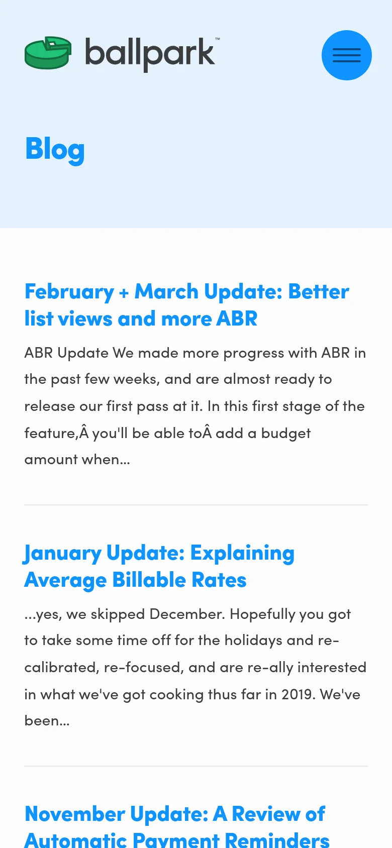 The mobile version of the blog page shows a simplified layout with a light blue header containing the Ballpark logo and a blue circular hamburger menu icon. The large 'Blog' title is followed by a single-column list of blog posts with blue headlines and black text excerpts on a white background.
