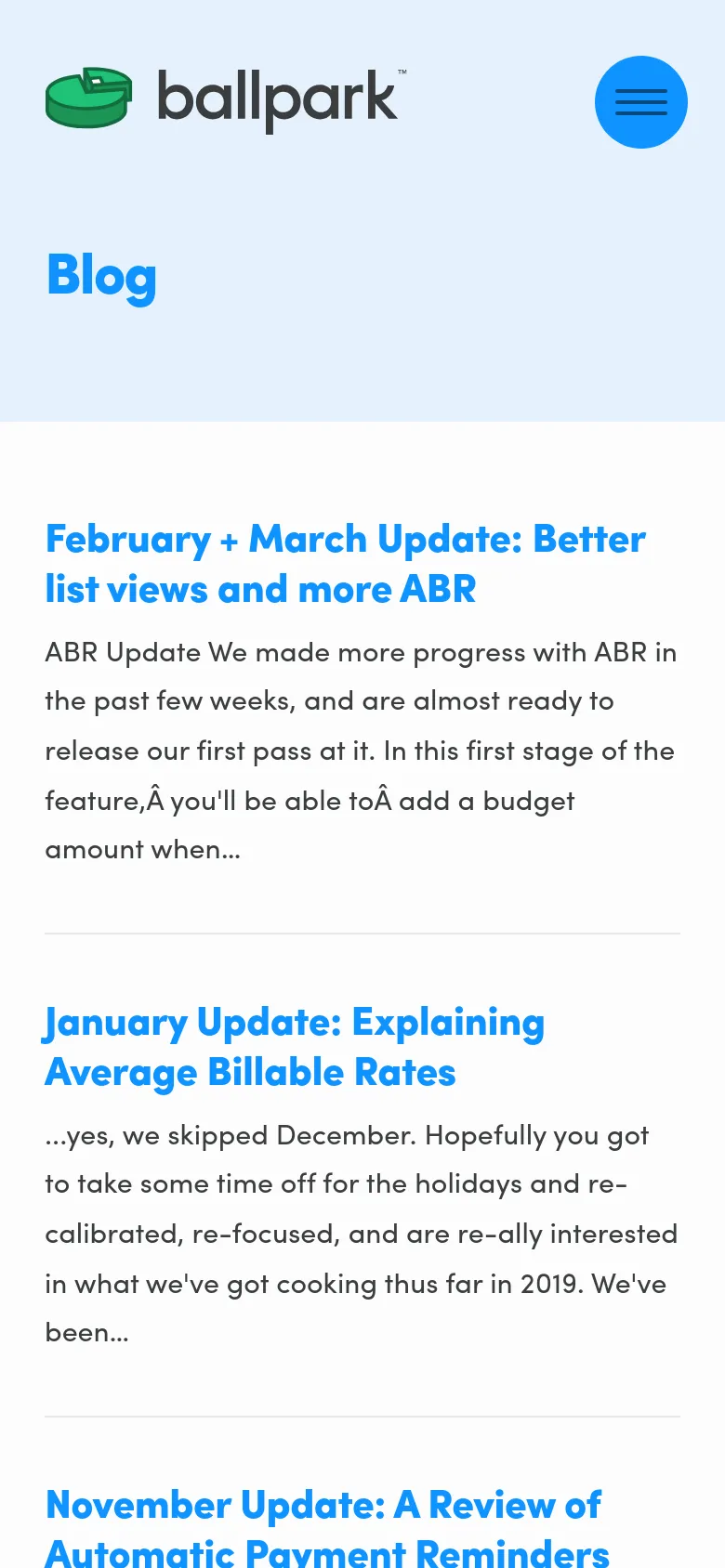The mobile version of the blog page shows a simplified layout with a light blue header containing the Ballpark logo and a blue circular hamburger menu icon. The large 'Blog' title is followed by a single-column list of blog posts with blue headlines and black text excerpts on a white background.