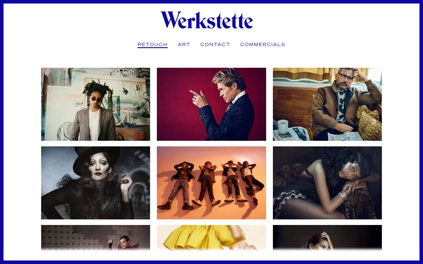 The Werkstette Retouch archive page features a clean white background with a dark blue logo at the top and a horizontal navigation menu. Below the menu, a grid of high-quality photography projects is displayed, including portraits and fashion shots. The layout uses a multi-column grid to showcase various retouching works.