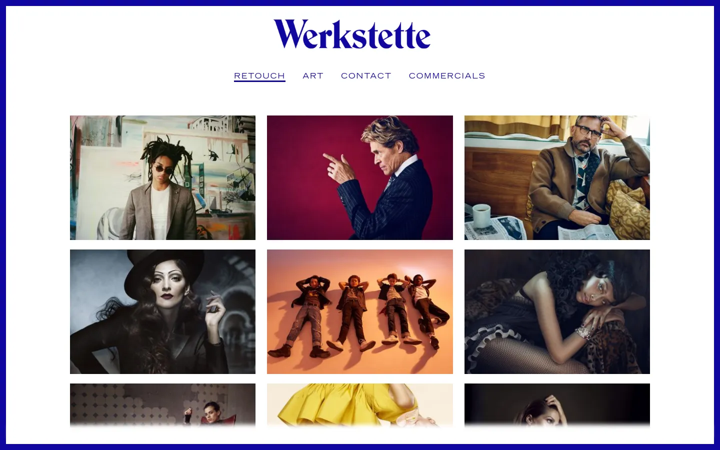 The Werkstette Retouch archive page features a clean white background with a dark blue logo at the top and a horizontal navigation menu. Below the menu, a grid of high-quality photography projects is displayed, including portraits and fashion shots. The layout uses a multi-column grid to showcase various retouching works.