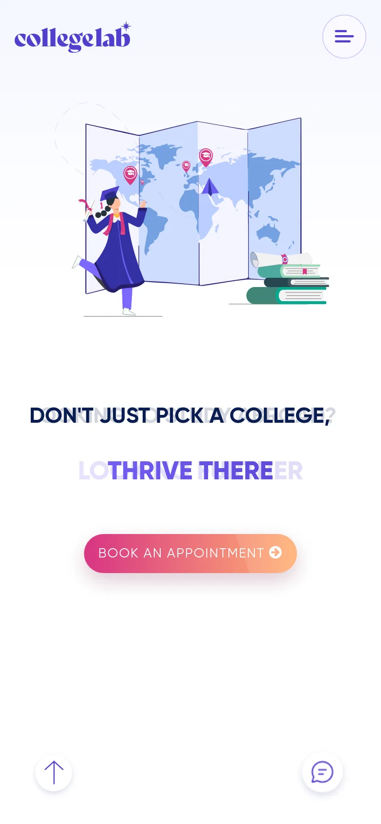 The mobile version presents a simplified, single-column layout with a hamburger menu icon at the top right. The hero section focuses on a large illustration of a graduate with a world map and books, followed by the headline 'DON'T JUST PICK A COLLEGE, THRIVE THERE' and a prominent pink 'BOOK AN APPOINTMENT' button.