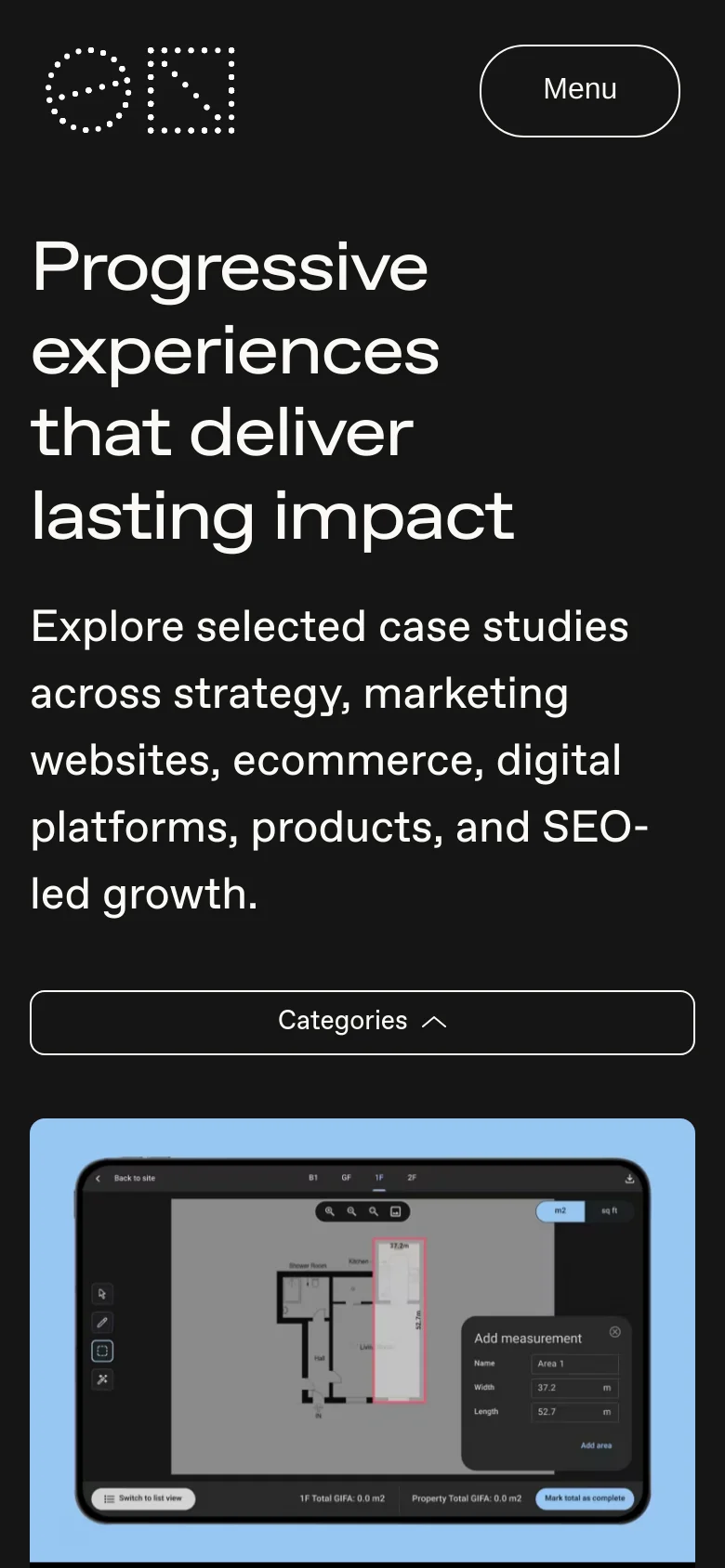 The mobile version uses a single-column layout with the headline and subheadline stacked vertically at the top. A full-width 'Categories' button with an upward arrow sits below the text, and the project cards are displayed in a vertical stack, prioritizing a large featured image.