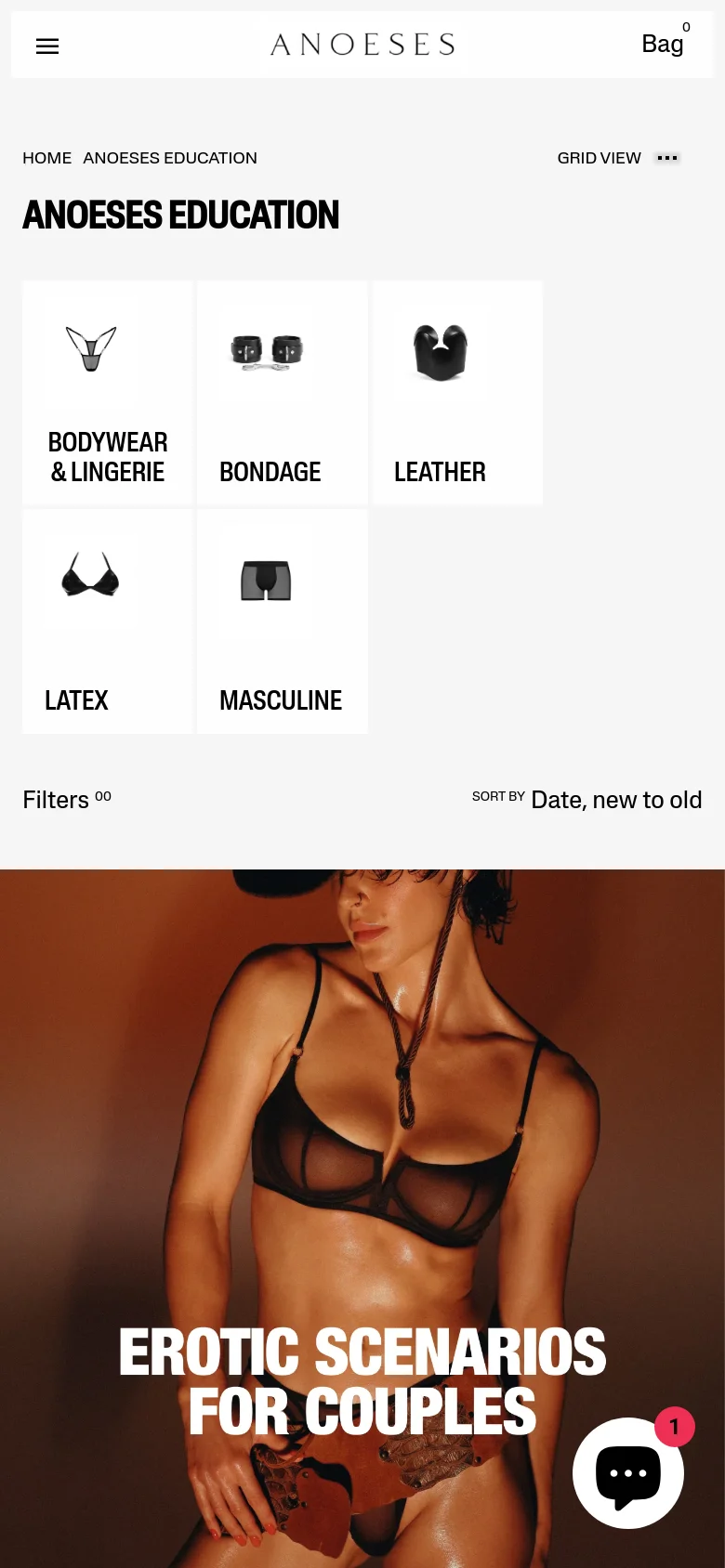 The mobile version presents a streamlined vertical layout with a hamburger menu and a simplified header. The category tiles are arranged in a more compact grid, and the product display shifts to a single-column view to optimize for smaller screens. A floating chat icon is visible in the bottom right corner over the large hero imagery.