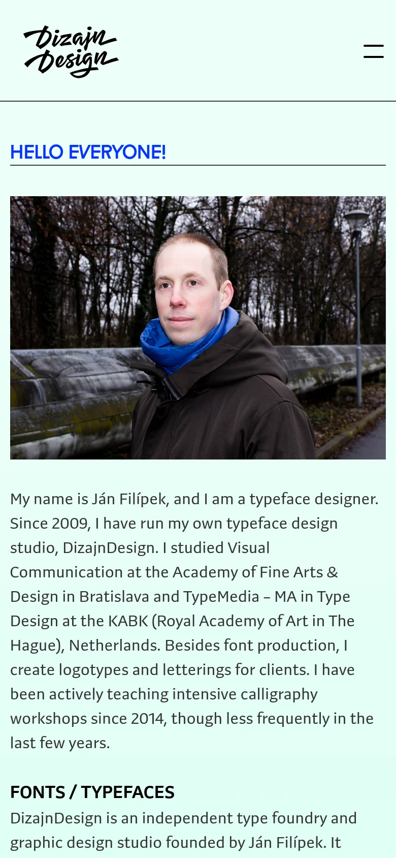 The mobile version simplifies the layout to a single column on a mint green background, replacing the top navigation with a hamburger menu icon. The 'HELLO EVERYONE!' heading and portrait of the man remain prominent, with the biographical text and lists flowing vertically below the image.