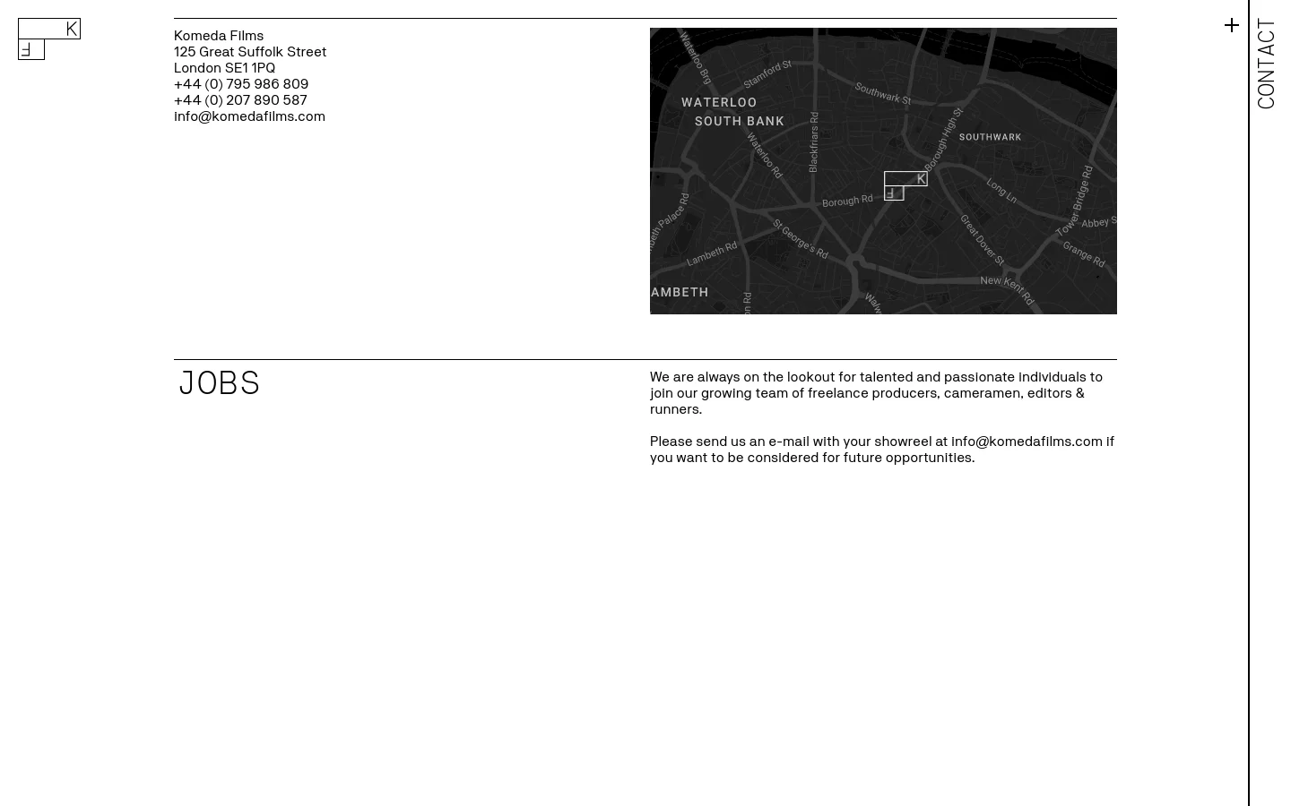 The contact page features a minimalist black and white design. On the left, company contact details including address, phone numbers, and email are listed, while the right side displays a large dark-themed map of the London area. Below the map, a 'JOBS' section contains text inviting freelance professionals to apply via email.