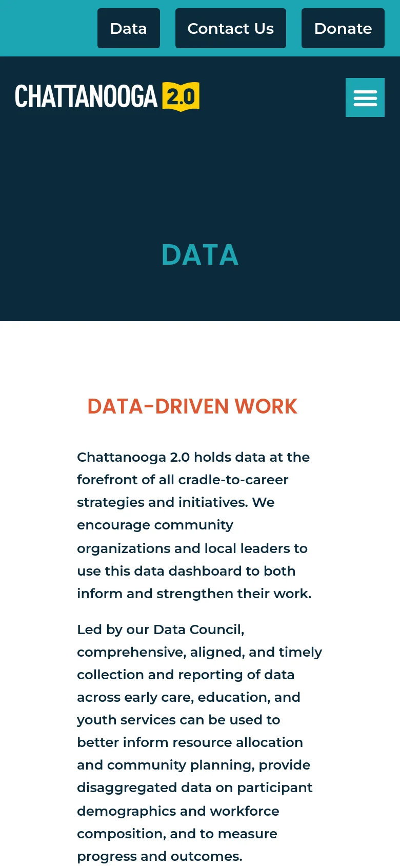 The mobile version simplifies the layout, replacing the top navigation menu with a hamburger icon and stacking the content vertically. The dark teal hero section with the 'DATA' headline remains, but the 'JUMP TO:' sidebar is removed, leaving only the main text content below the hero section.