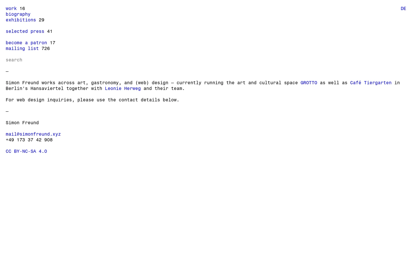 A minimalist website with a white background and blue text. The layout features a vertical list of navigation links on the left, including work, biography, and exhibitions, followed by a short biographical paragraph and contact information at the bottom.