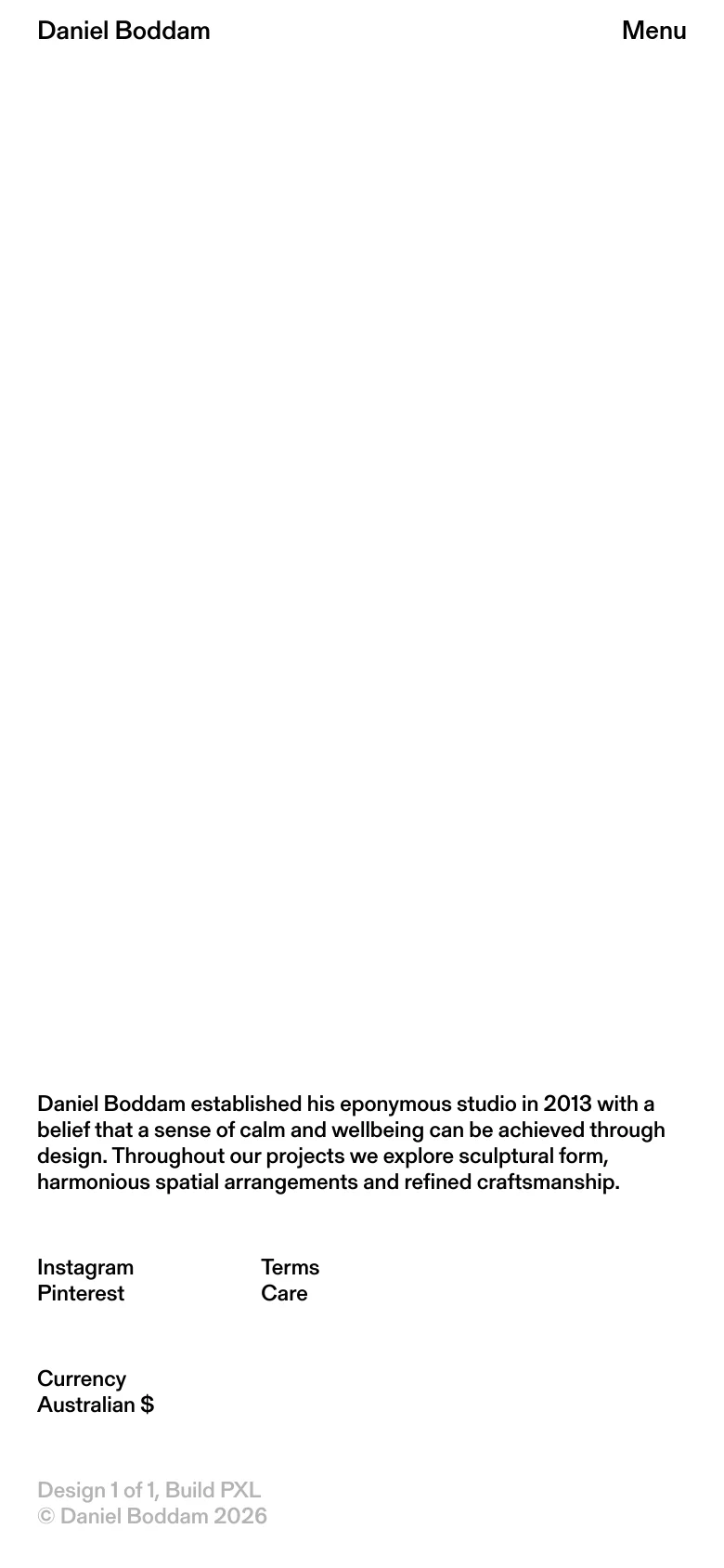 The mobile version presents a simplified, single-column layout with a 'Menu' button at the top right. The large architectural and furniture images are stacked vertically, followed by the studio's mission statement and footer links including Instagram, Pinterest, and contact information.