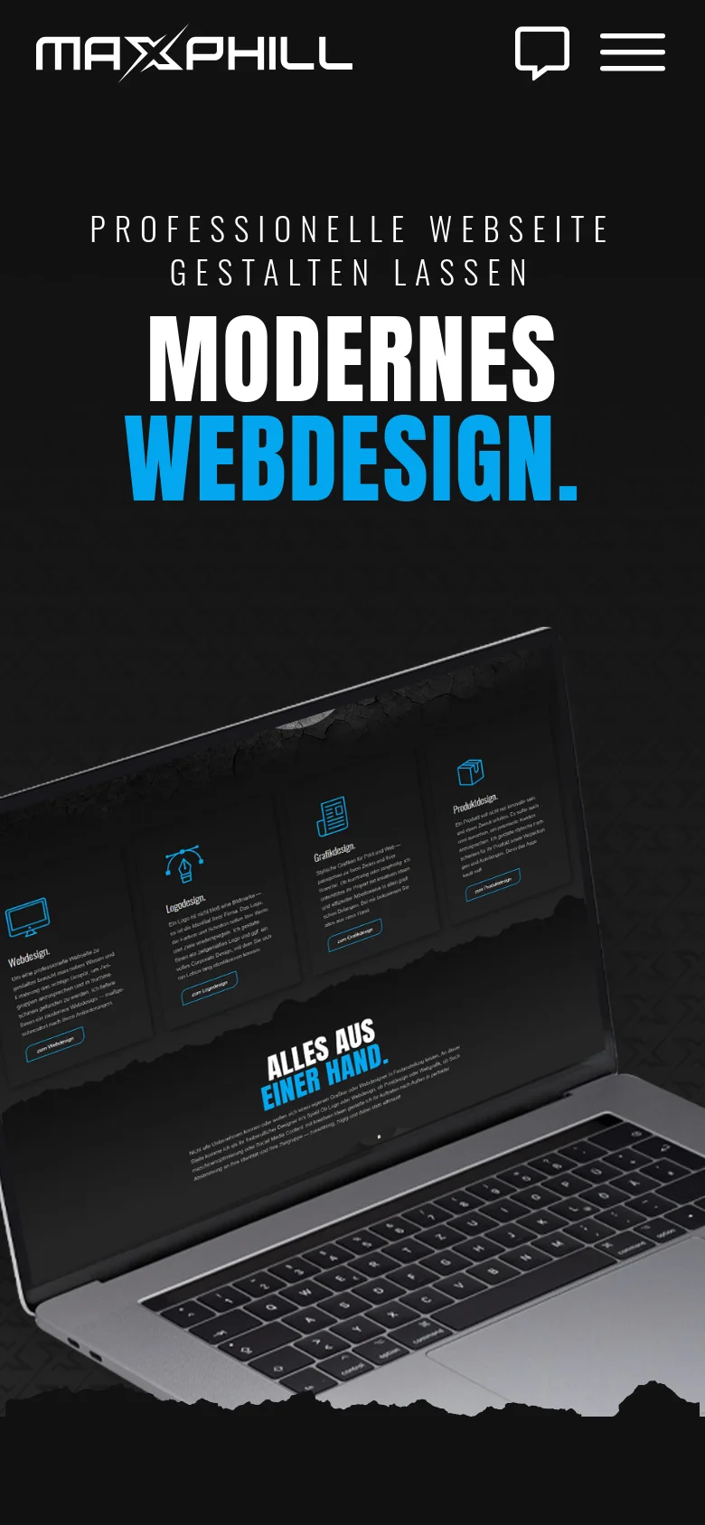 The mobile version features a vertically stacked layout with a centered logo and a hamburger menu icon. The large headline 'MODERNES WEBDESIGN.' dominates the top of the screen, followed by a large image of a laptop tilted at an angle showing service categories. The color scheme remains dark with high-contrast white and blue typography.