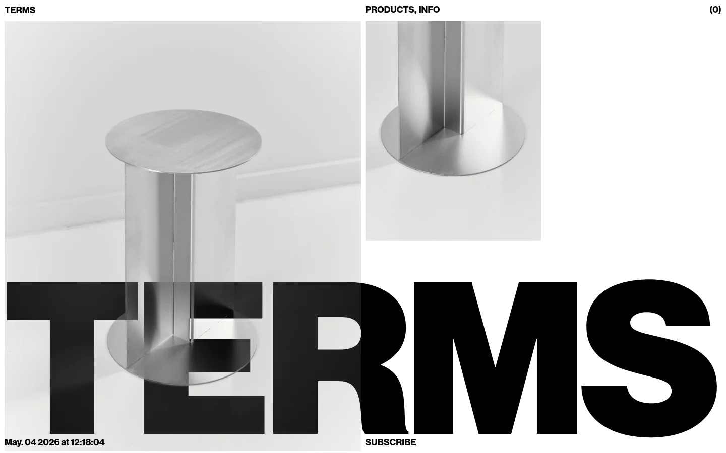 The desktop homepage features a minimalist design with a large hero image of a stainless steel Twofold Table against a white background. Large, bold black typography reading 'TERMS' overlays the bottom of the image, and the navigation menu includes 'PRODUCTS, INFO' and a cart icon at the top.