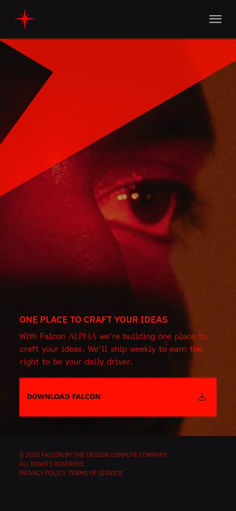 The mobile version maintains the dramatic red and dark aesthetic, with the close-up facial imagery and red geometric shapes filling the screen. The text and 'DOWNLOAD FALCON' button are centered vertically to fit the narrow viewport, and the sidebar navigation is replaced by a hamburger menu icon in the top right corner.