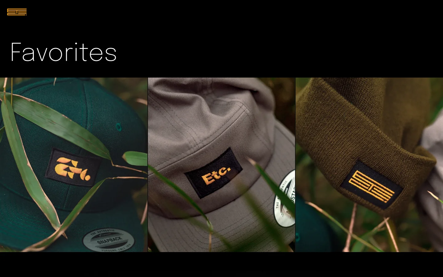 The desktop page features a black header with a gold logo and a large 'Favorites' headline in white text. Below the headline, three large, high-resolution images of embroidered hats are displayed side-by-side in a horizontal grid, showcasing close-up details of the patches against natural greenery.
