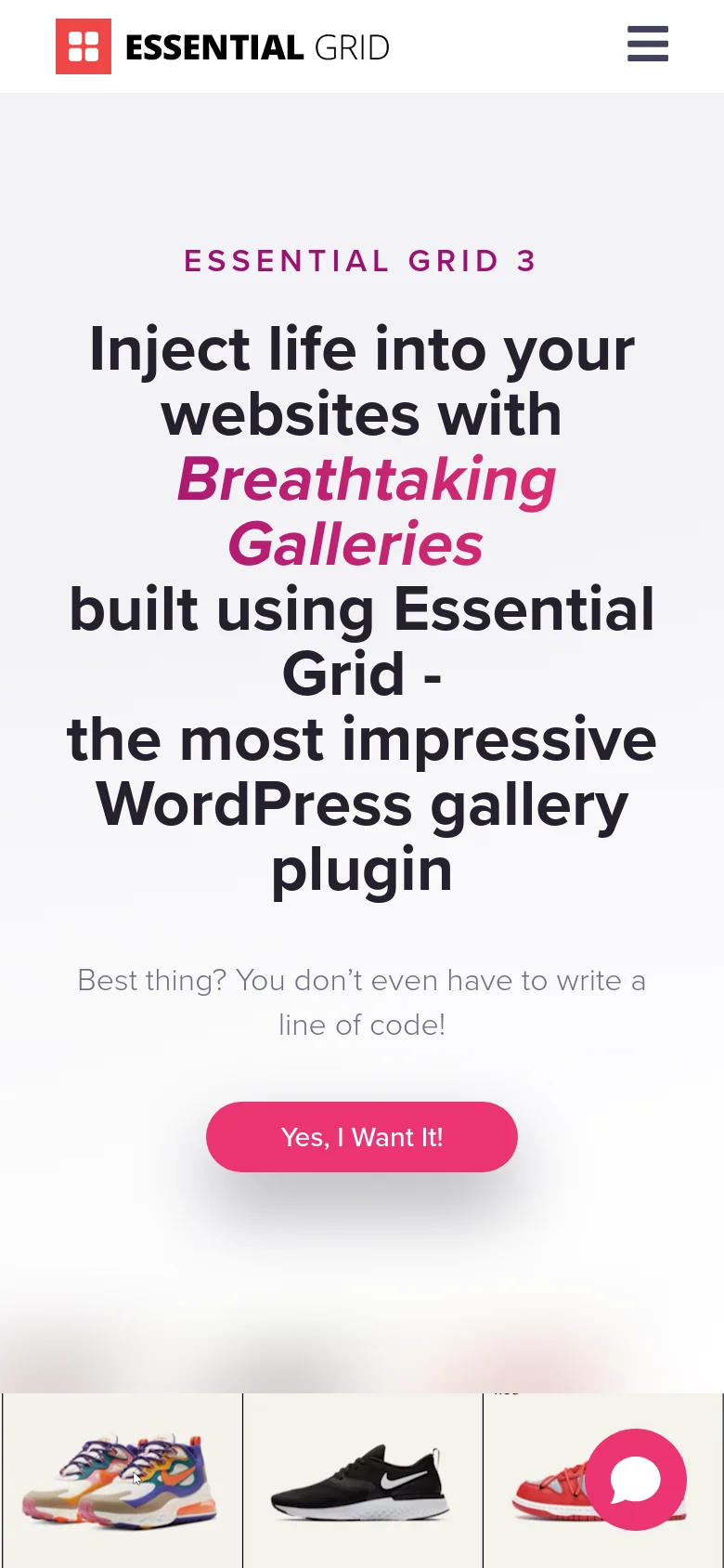 The mobile version presents a vertically stacked layout optimized for small screens, focusing on large, centered typography. The hero headline dominates the view, followed by the pink 'Yes, I Want It!' button, while the colorful image grid is partially visible at the bottom. A hamburger menu icon replaces the desktop navigation bar for streamlined access.
