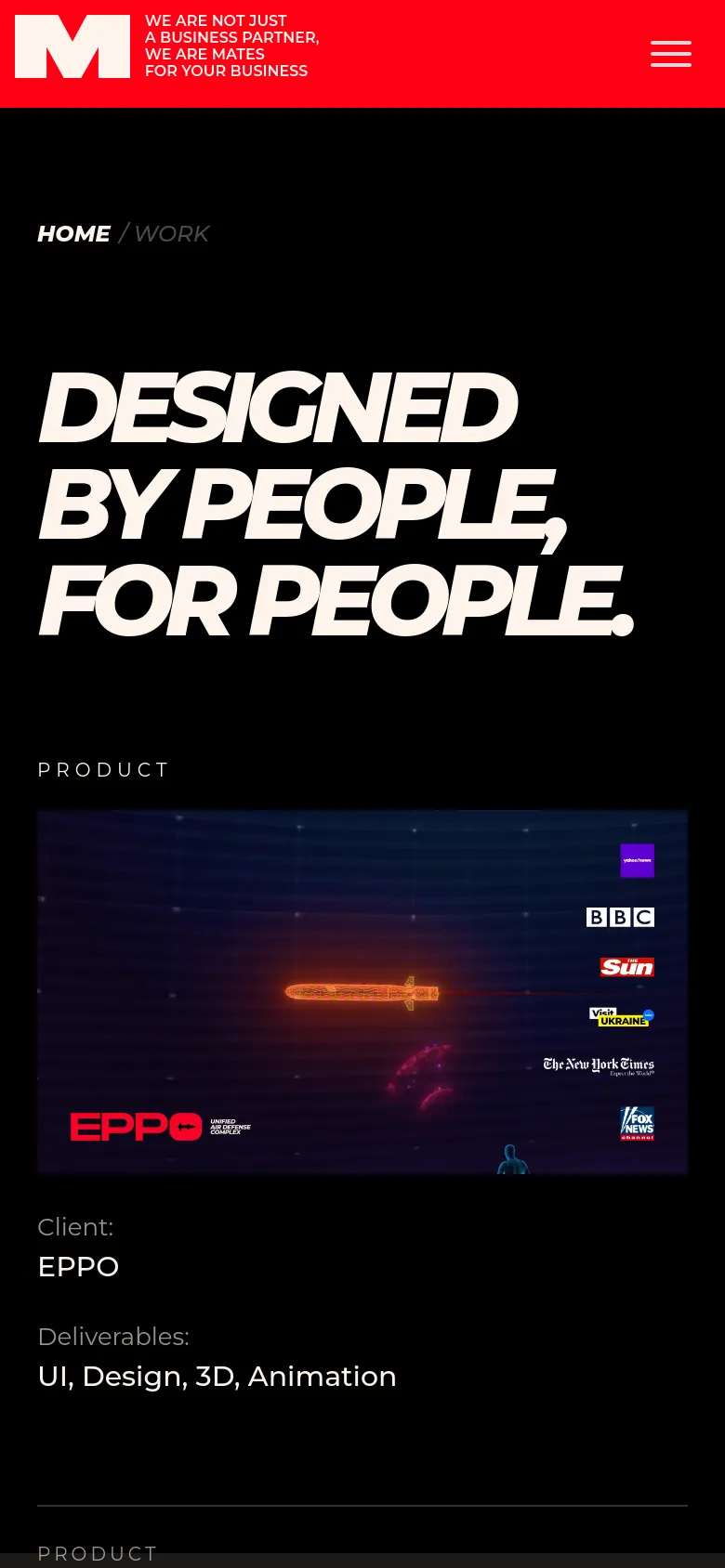 The mobile version presents a vertically stacked layout with the large 'DESIGNED BY PEOPLE, FOR PEOPLE.' headline dominating the top of the screen. The red header contains the company logo and a hamburger menu icon, while the project content below flows in a single column for easier scrolling.
