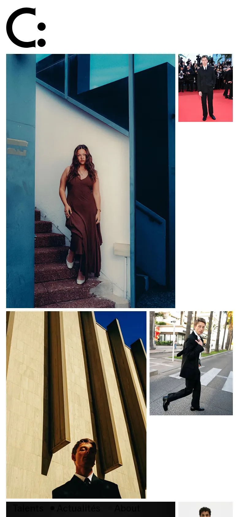 The mobile version simplifies the layout into a single-column vertical scroll. The large logo is followed by a stack of full-width portrait images of the agency's talents, and the navigation menu is condensed into a footer at the bottom of the screen.