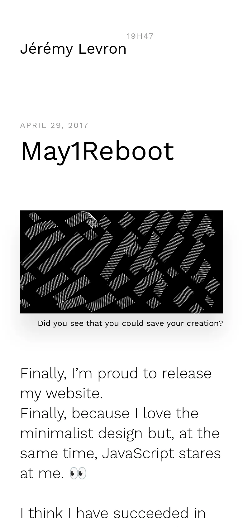 The mobile version maintains the minimalist white and black theme but uses a vertical stack layout. The header is centered with the name 'Jérémy Levron' above the navigation, and the hero image is scaled to fit the narrower width of the screen.