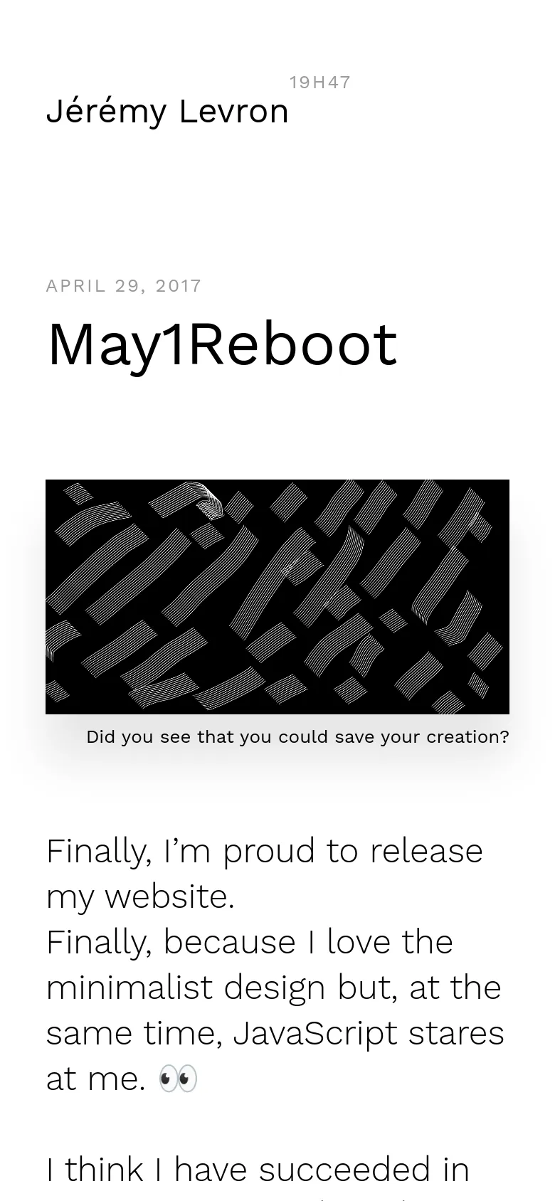 The mobile version maintains the minimalist white and black theme but uses a vertical stack layout. The header is centered with the name 'Jérémy Levron' above the navigation, and the hero image is scaled to fit the narrower width of the screen.