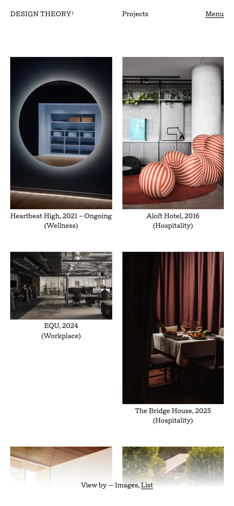 Design Theory projects page with a single-column stacked layout. Large project images for wellness, hospitality, and workplace designs are arranged vertically with descriptive text underneath in a clean, minimalist mobile interface.