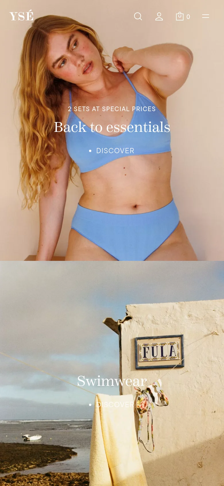 The mobile version presents a single-column vertical layout. The hero section is divided into two large, stacked image blocks: the first shows the woman in the blue bikini with the 'Back to essentials' text, and the second shows the coastal 'Swimwear' scene. The navigation is condensed into a hamburger menu icon at the top right, alongside search, user, and shopping bag icons.