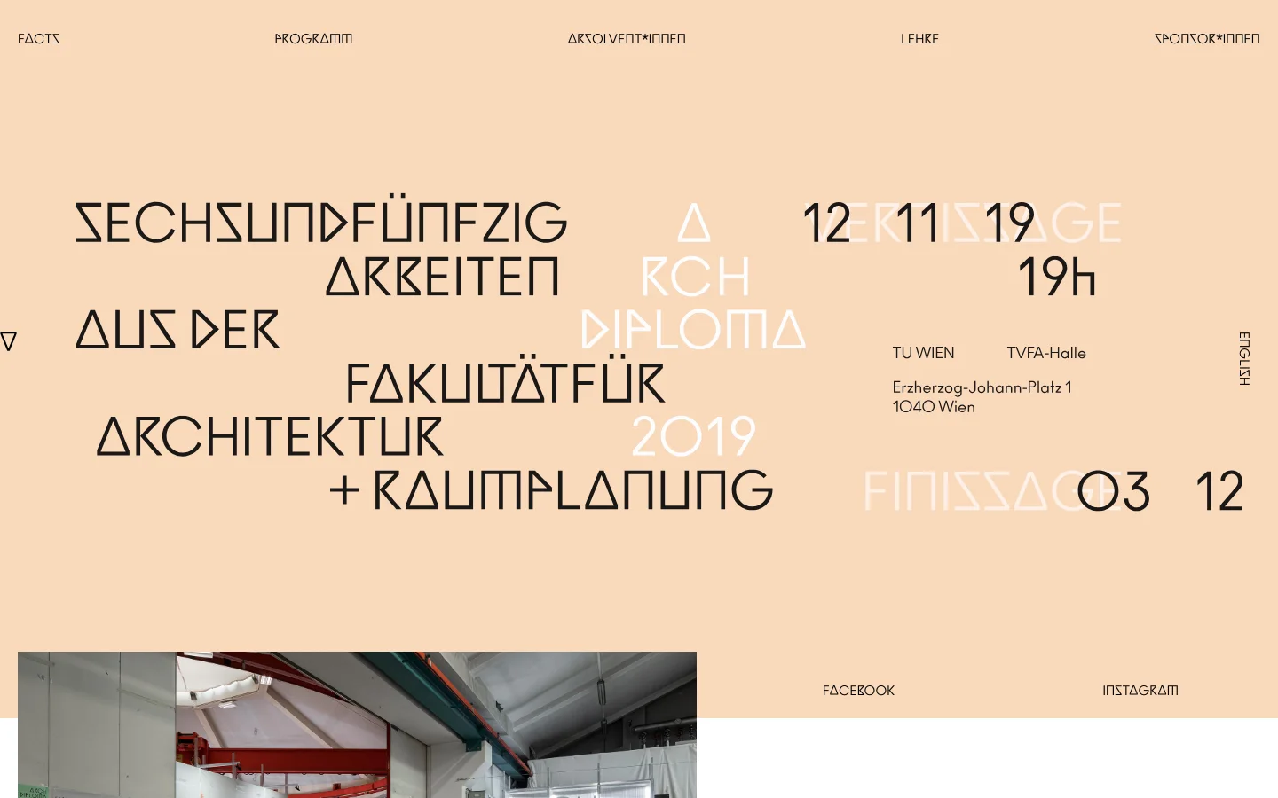 The desktop homepage features a minimalist design with a large, beige background and bold, stylized typography in white and dark grey. The main headline announces '65 works from the Faculty of Architecture + Spatial Planning 2019' alongside exhibition dates and location details. A navigation menu is spread across the top, and a partial image of an architectural interior is visible at the bottom left.