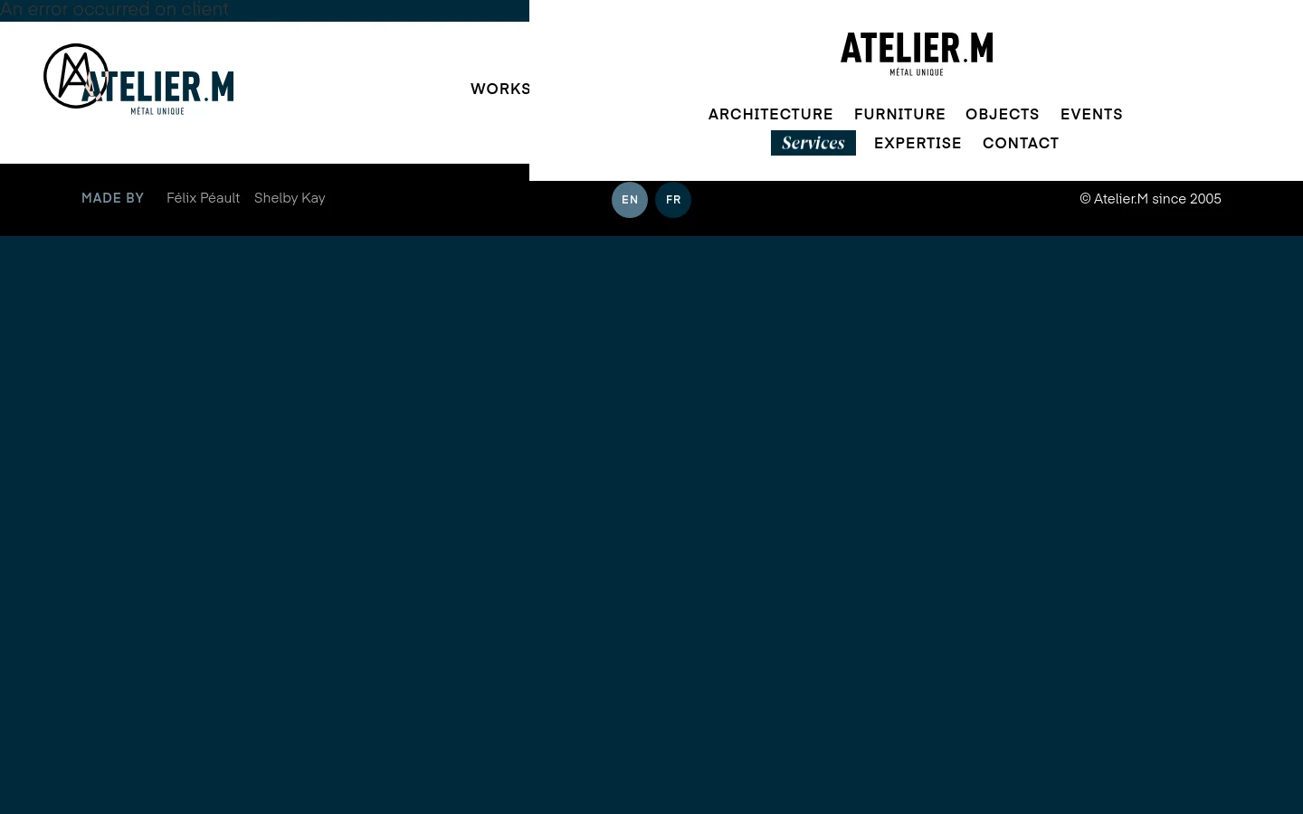 The desktop page features a large hero image of a welder working with bright sparks, followed by a 'Services' heading and introductory text. Below, various service categories like Architecture, Furniture, and Luxury are presented in a grid layout with large, high-quality photographs and descriptive headings on a clean white background.