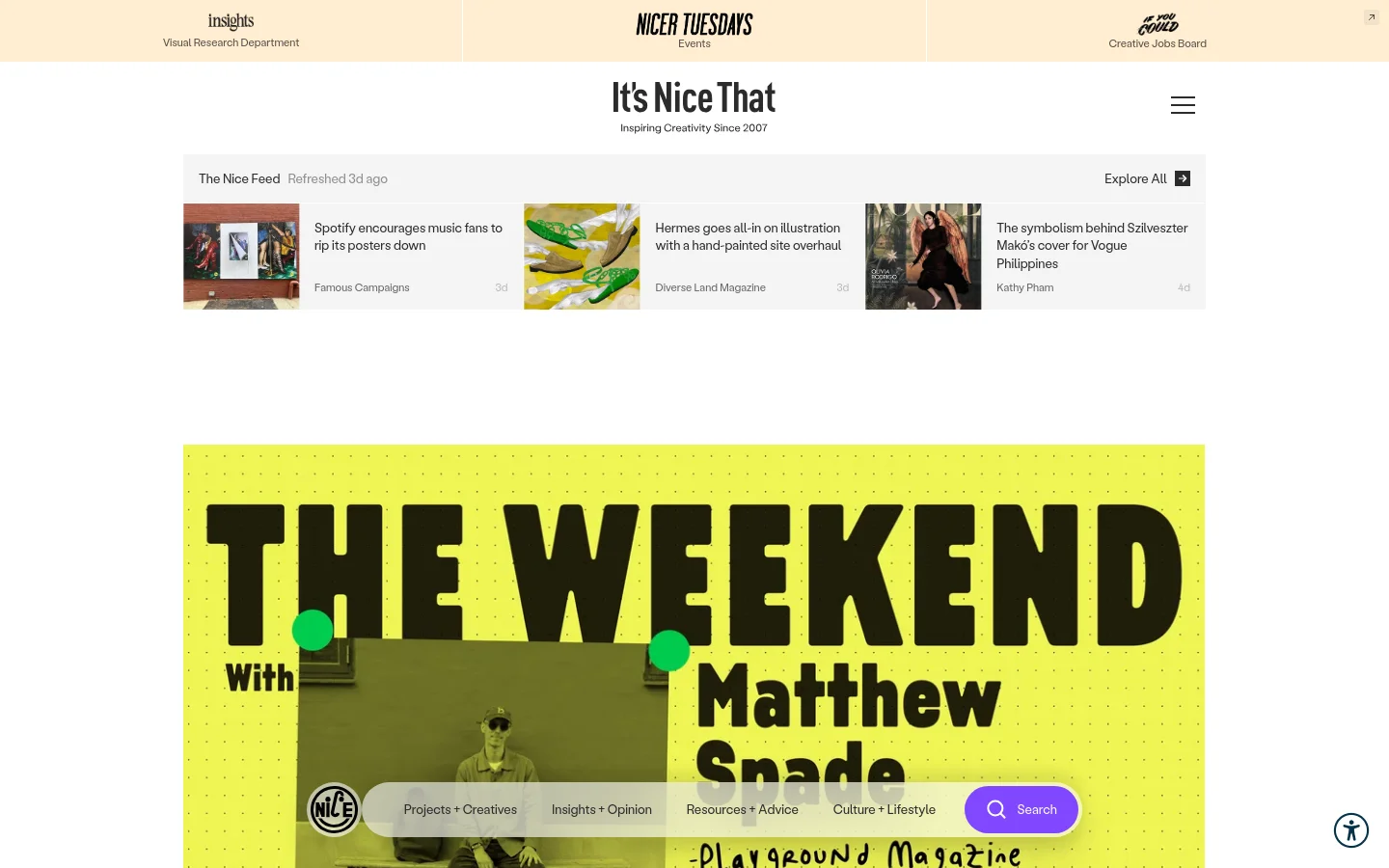 The It's Nice That homepage features a clean white background with a large, bold hero section displaying 'THE WEEKEND With Matthew Spade' in heavy black typography against a bright yellow background. Below the hero, a horizontal 'The Nice Feed' section showcases small article thumbnails with text descriptions. The navigation includes a minimalist logo and a hamburger menu icon.
