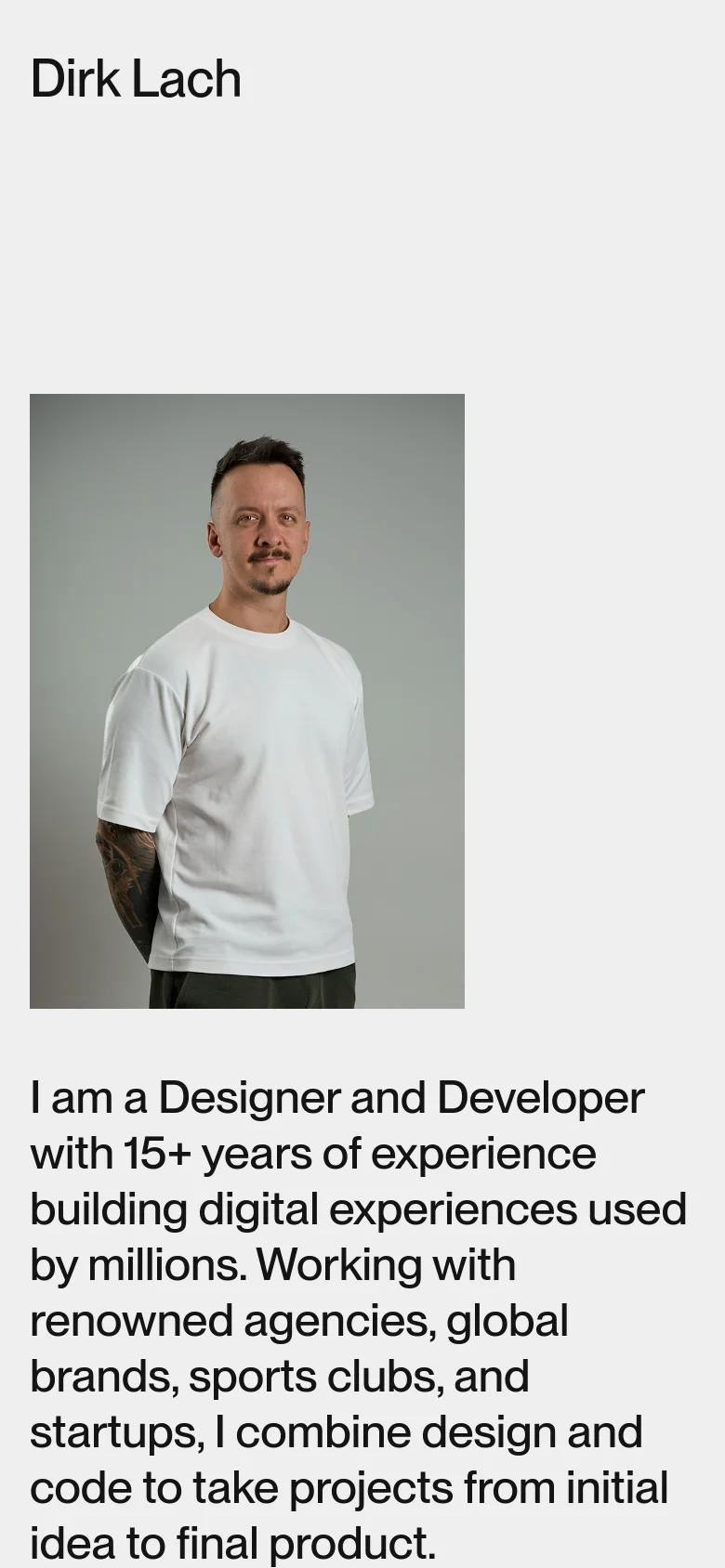 The mobile version simplifies the layout into a single vertical column. The navigation is reduced, the portrait image is centered above the text, and the bio text spans the full width of the screen for readability.