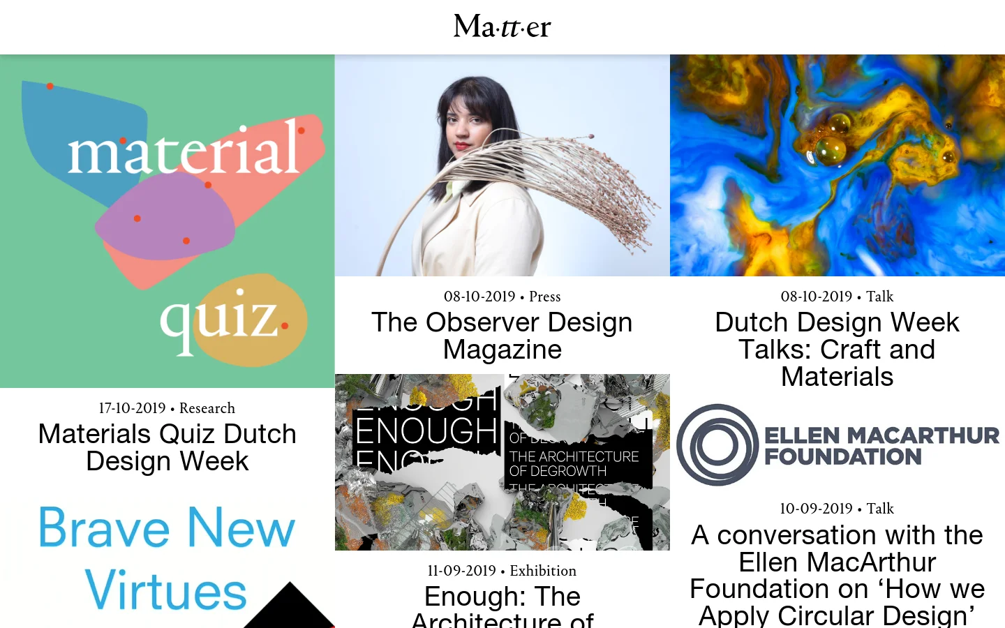 The News page features a minimalist white background with a grid layout of news articles. Each entry consists of a large rectangular image followed by a date, category tag, and a bold black headline. The desktop view displays articles in a multi-column grid format.