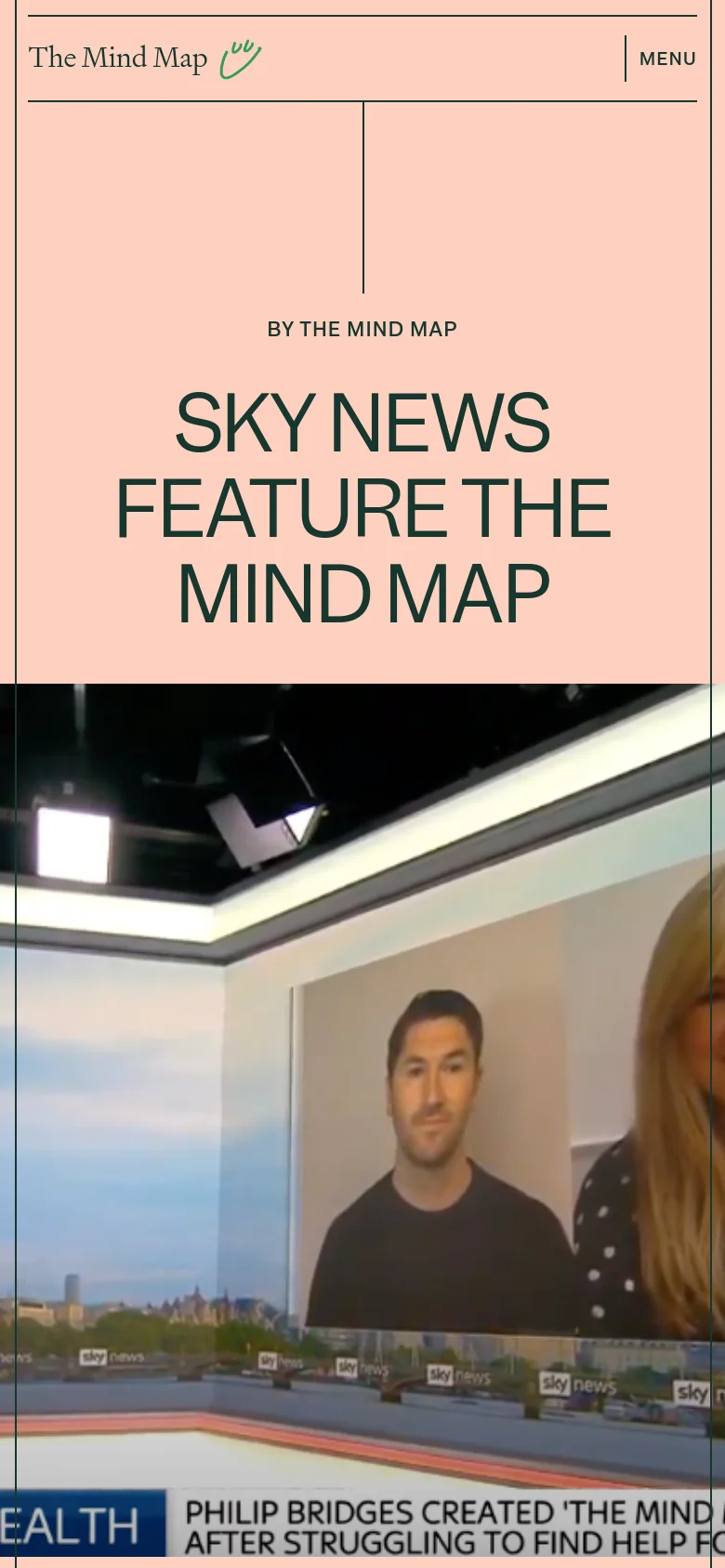 The mobile version presents a vertically stacked layout with the peach-colored header and headline 'SKY NEWS FEATURE THE MIND MAP' at the top. Below the text, the Sky News video still is displayed, spanning the width of the screen, followed by a blue banner reading 'COVID MENTAL HEALTH'.