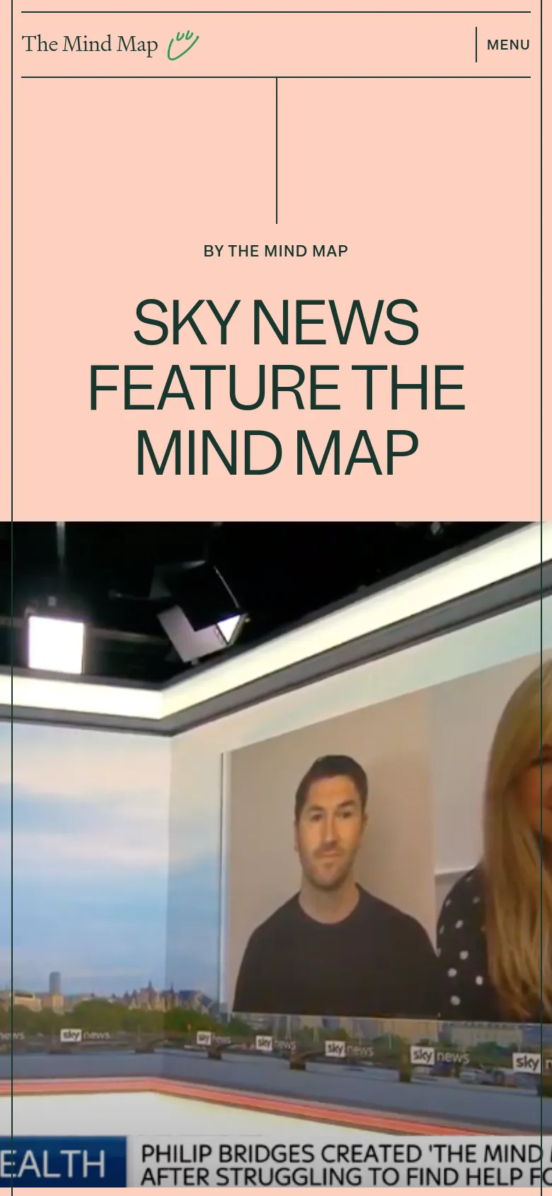 The mobile version presents a vertically stacked layout with the peach-colored header and headline 'SKY NEWS FEATURE THE MIND MAP' at the top. Below the text, the Sky News video still is displayed, spanning the width of the screen, followed by a blue banner reading 'COVID MENTAL HEALTH'.