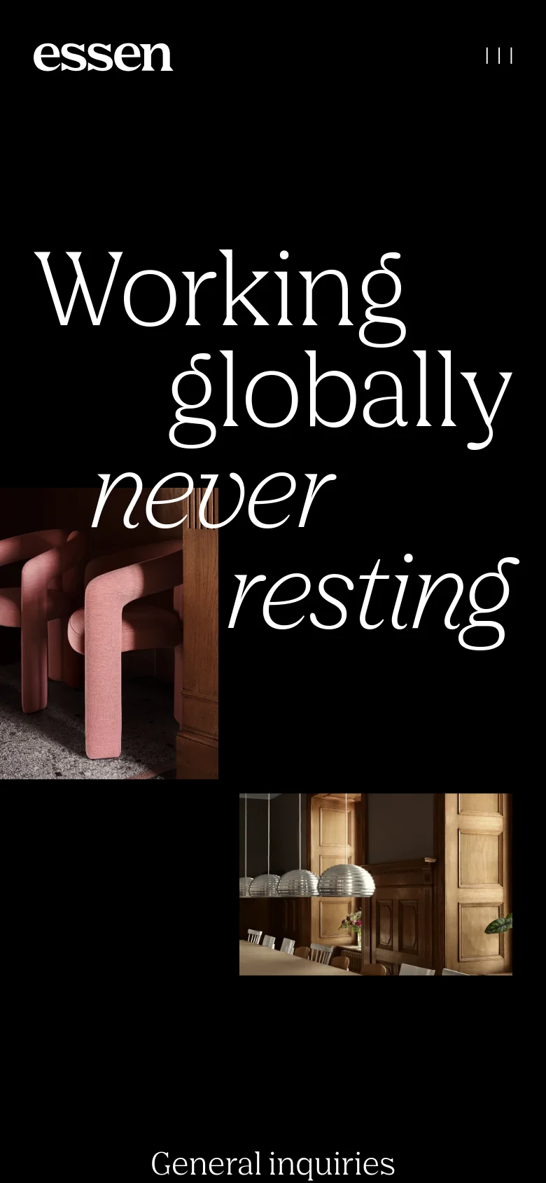 The mobile version uses a vertical layout with the large 'Working globally never resting' headline and hero image at the top. Navigation is condensed into a hamburger menu, and contact details for general inquiries and key personnel are stacked vertically for easier scrolling.