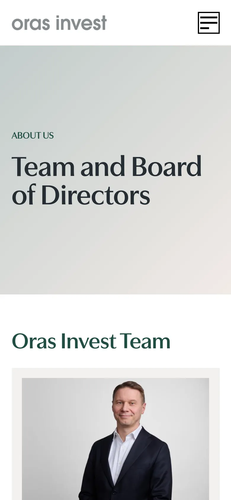 The mobile version simplifies the layout, stacking the 'Team and Board of Directors' headline and the 'Oras Invest Team' section vertically. The top navigation is replaced by a hamburger menu icon next to the Oras Invest logo, and the team member headshots are displayed in a single-column scrollable format.